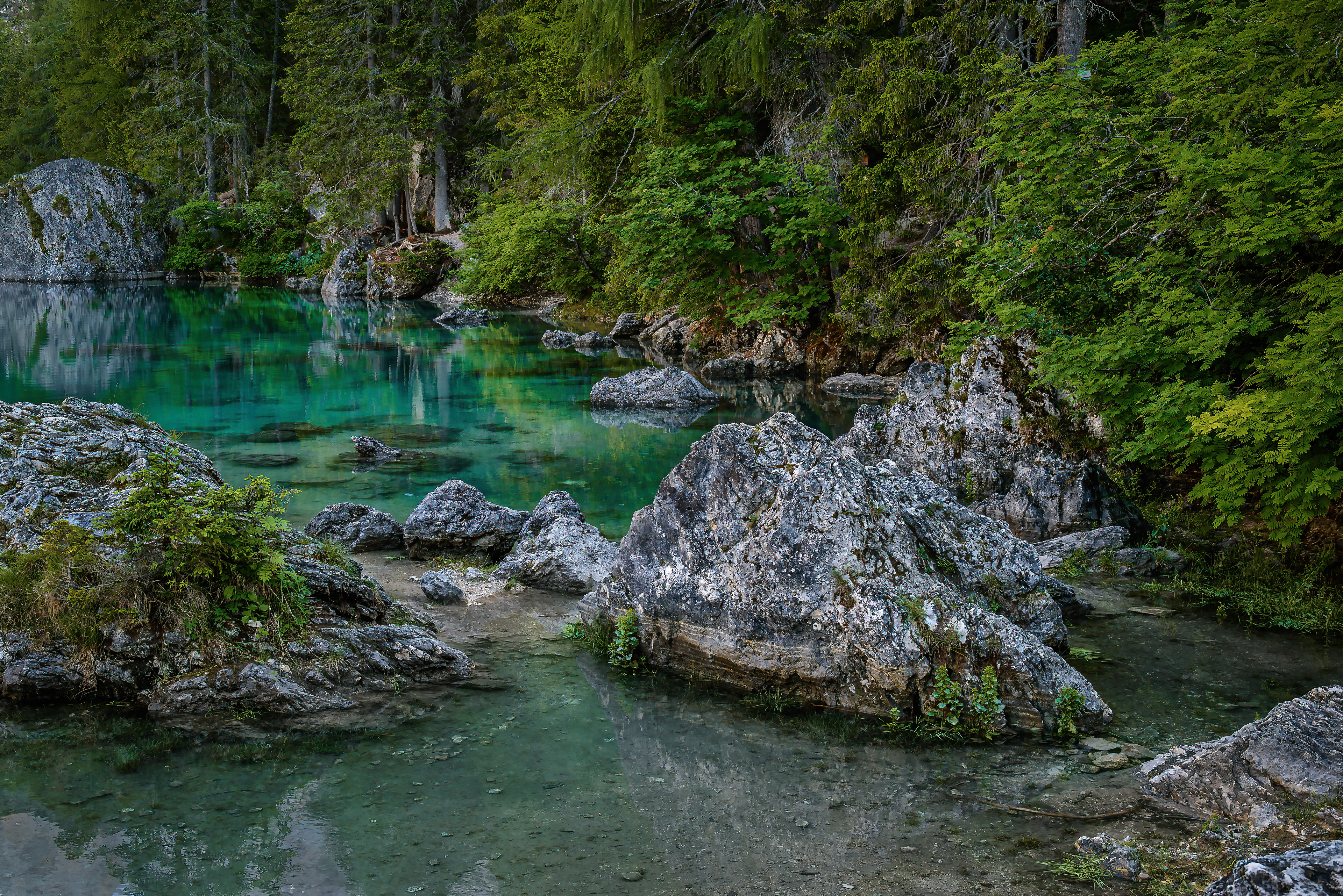 Rocky coastline of the Lago di Braies