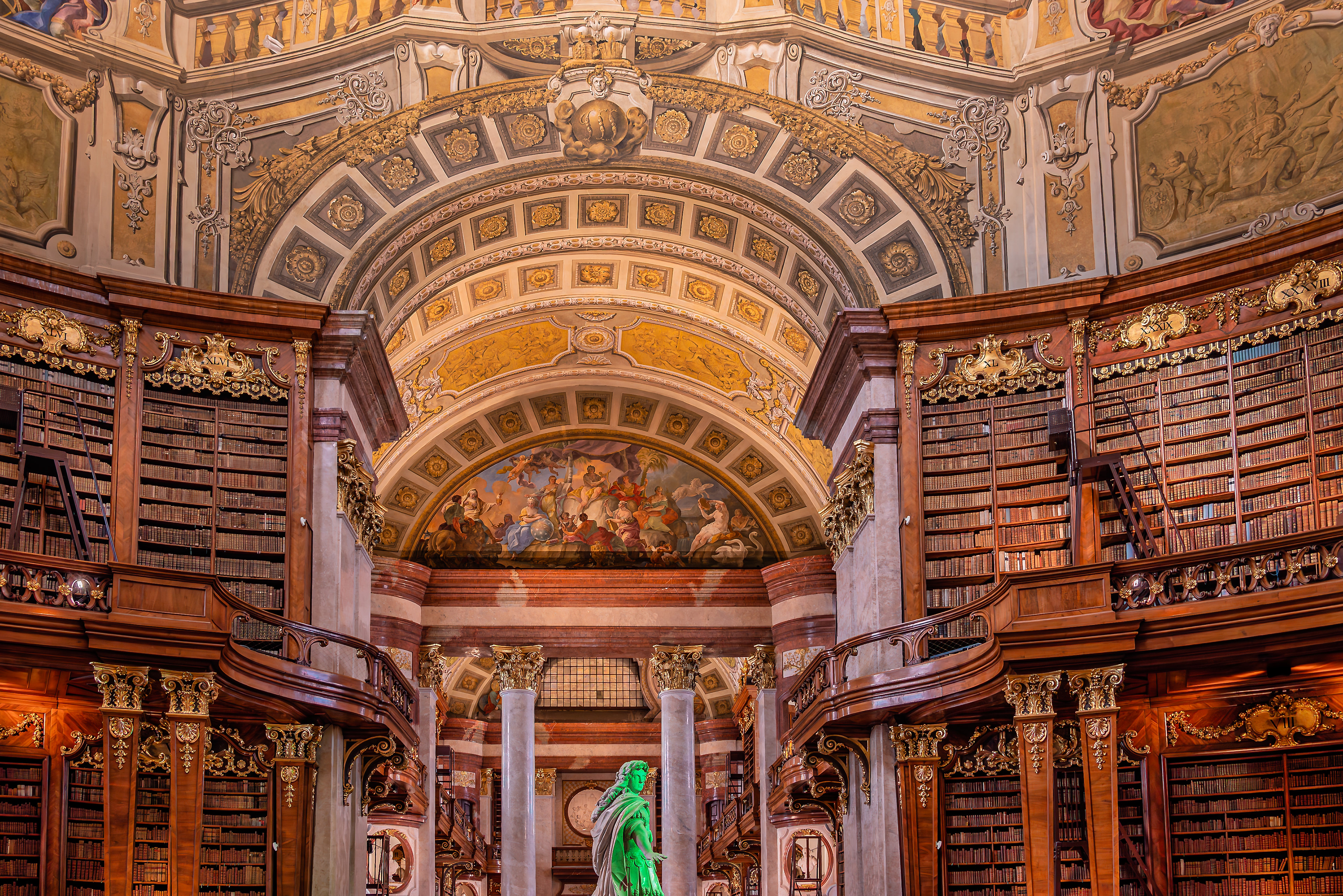 Austrian National Library baroque interior with ornate bookshelves