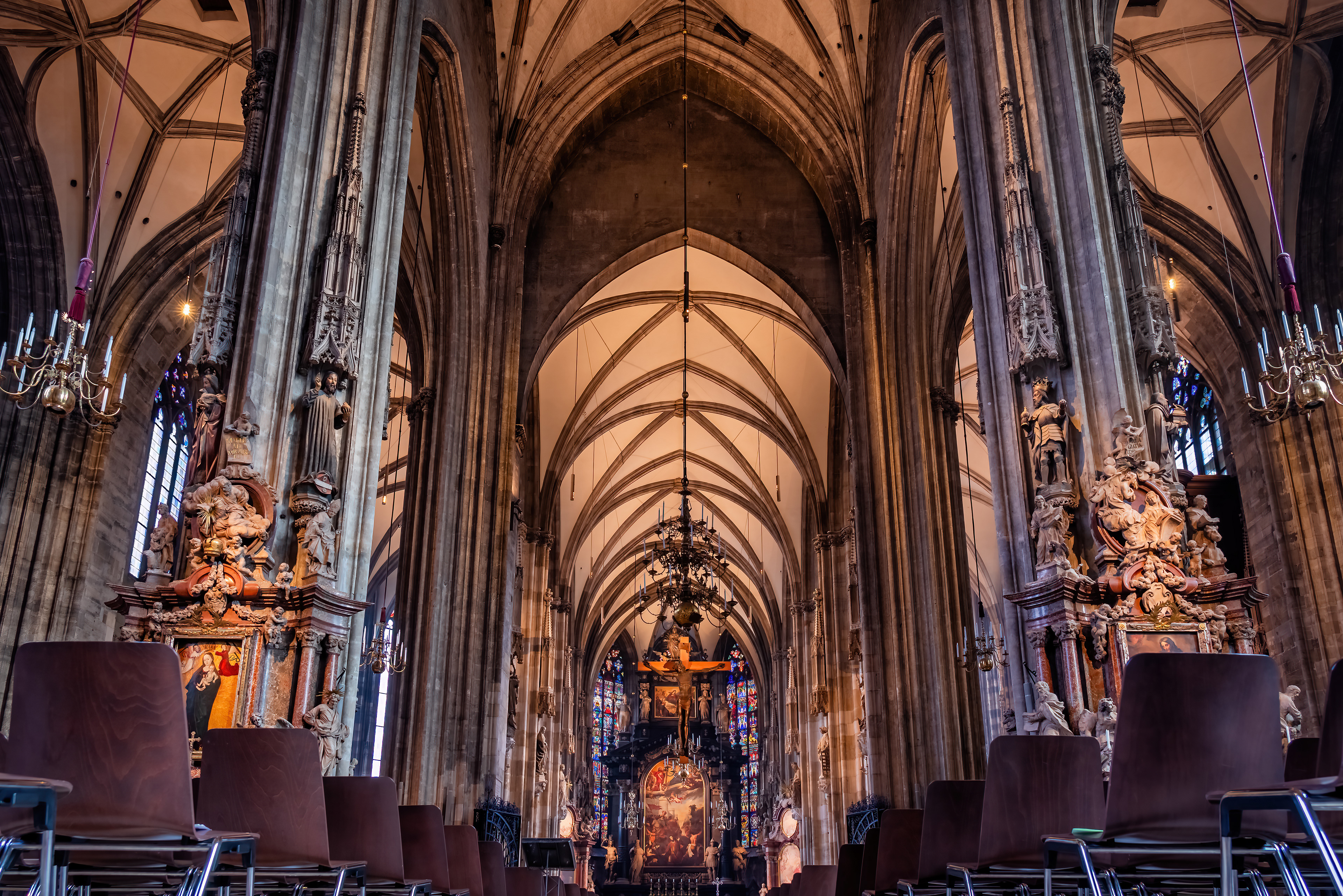 St. Stephen’s Cathedral nave with gothic arches and altar