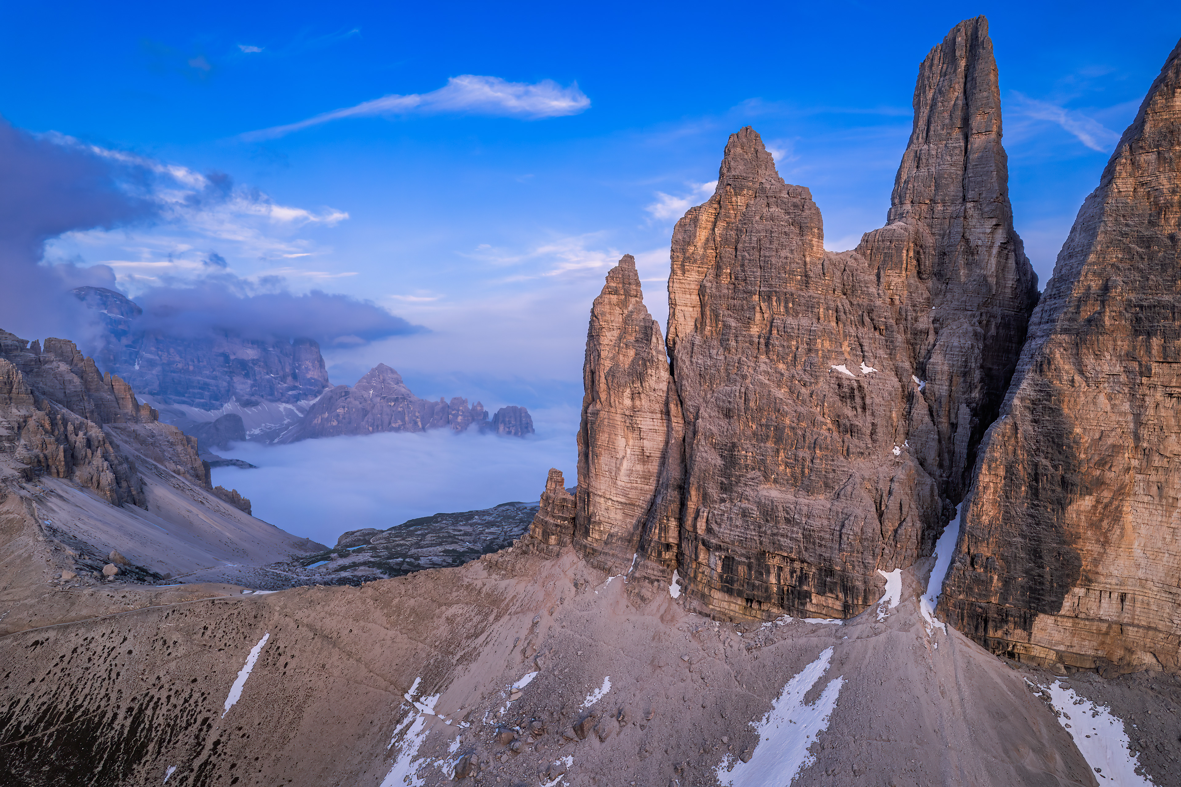 Evening flight above the peaks of Tre Cime di Lavaredo 