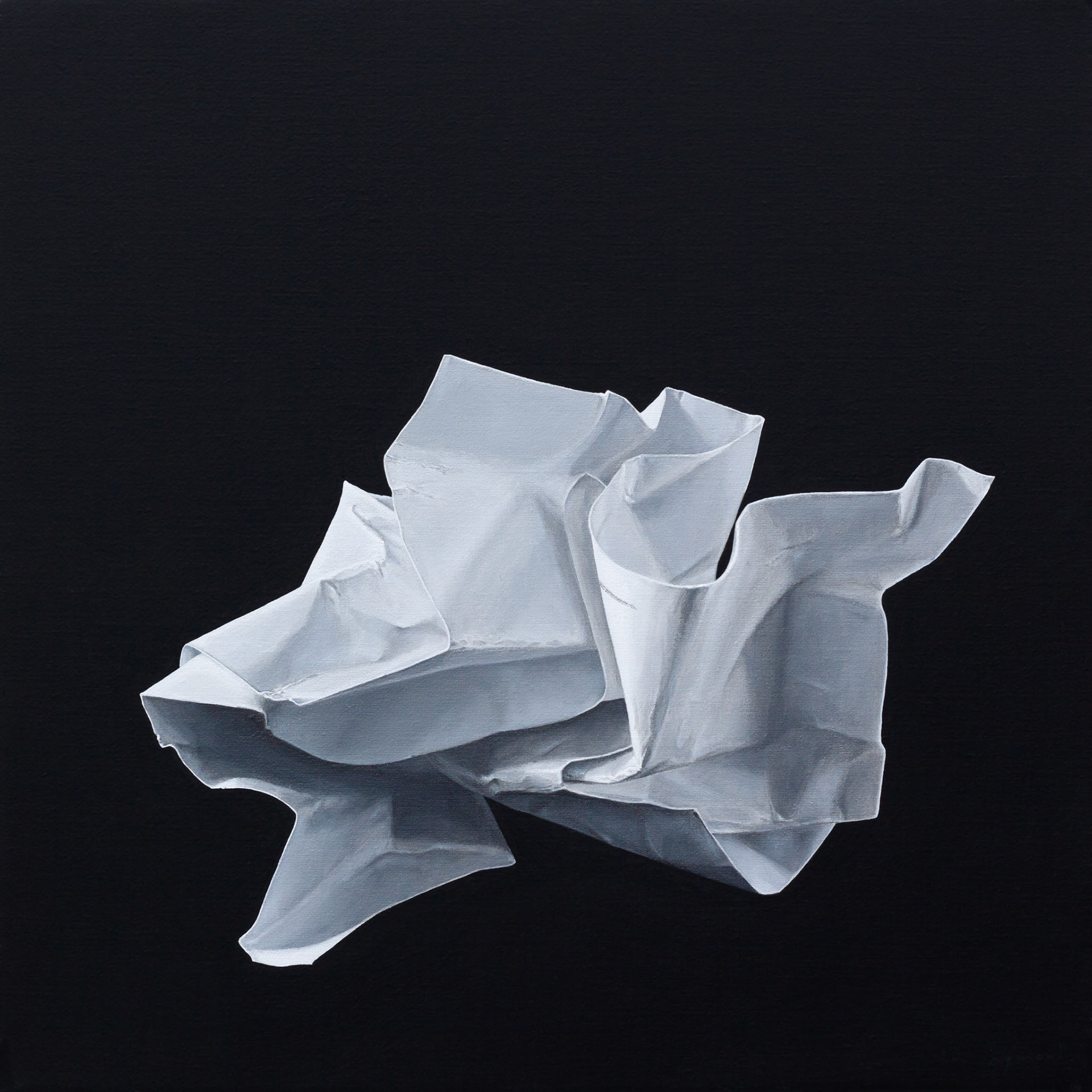 contemporary still life oil painting of crumpled up white paper on a black background