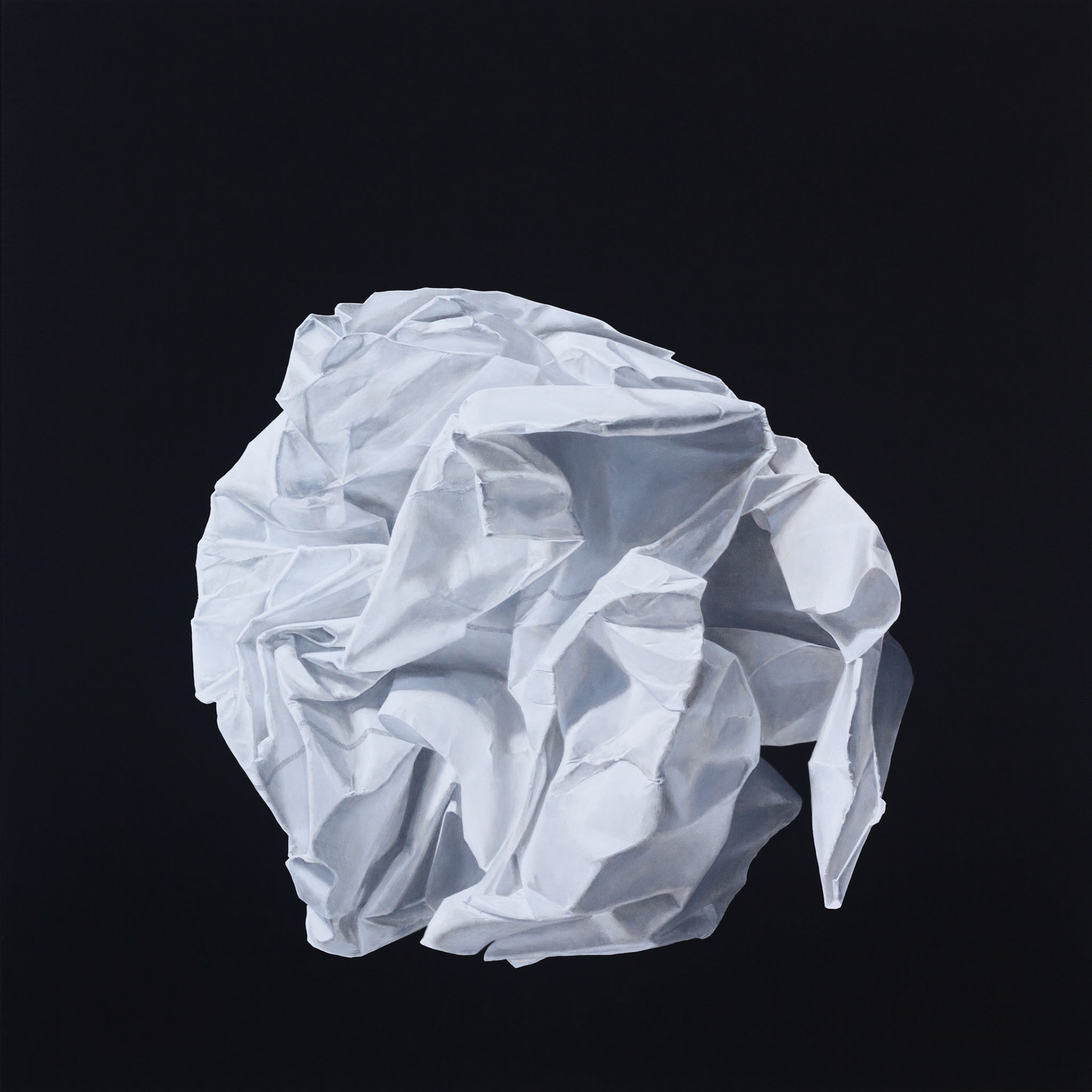 contemporary still life oil painting of crumpled up white paper on a black background