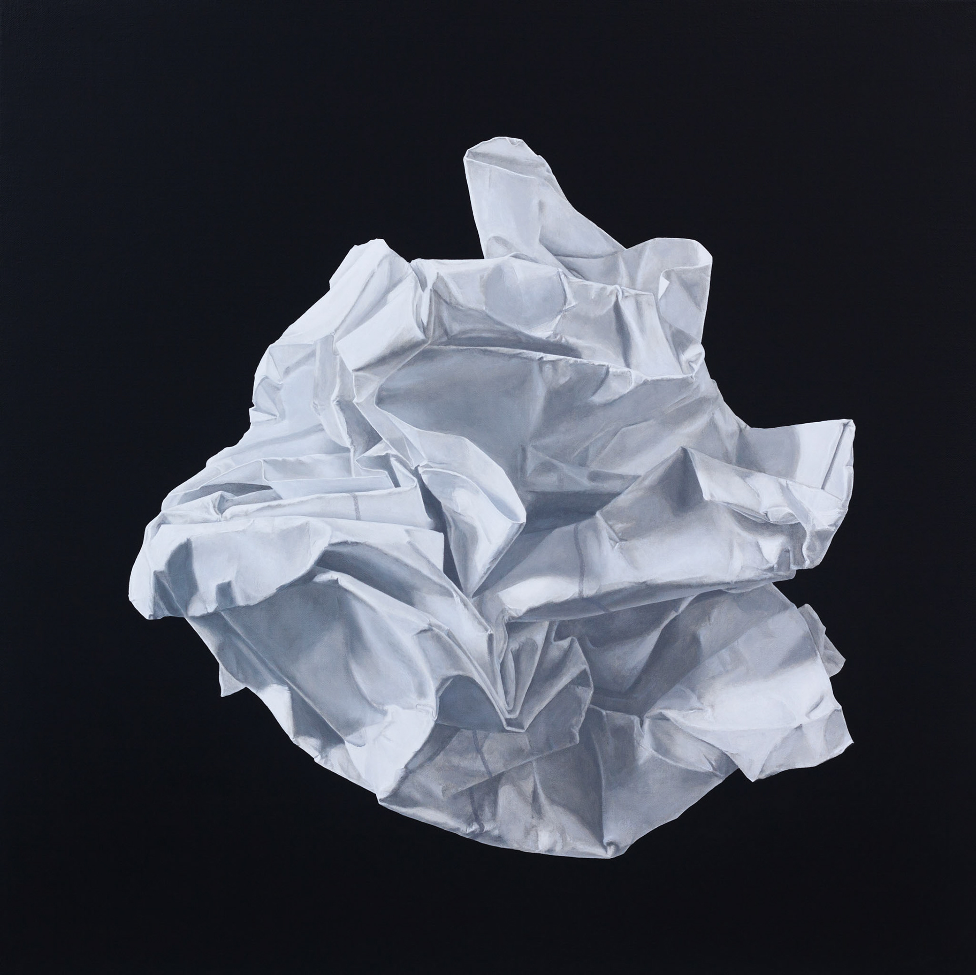 oil painting, crumpled up paper, contemporary still life,  black and white