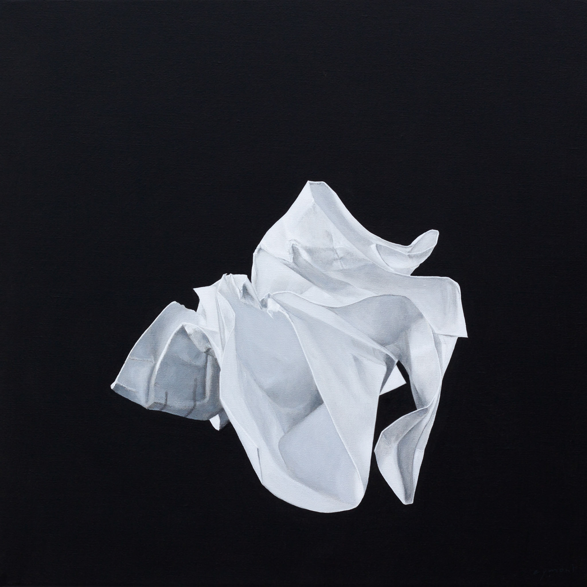 contemporary still life oil painting of crumpled up white paper on a black background
