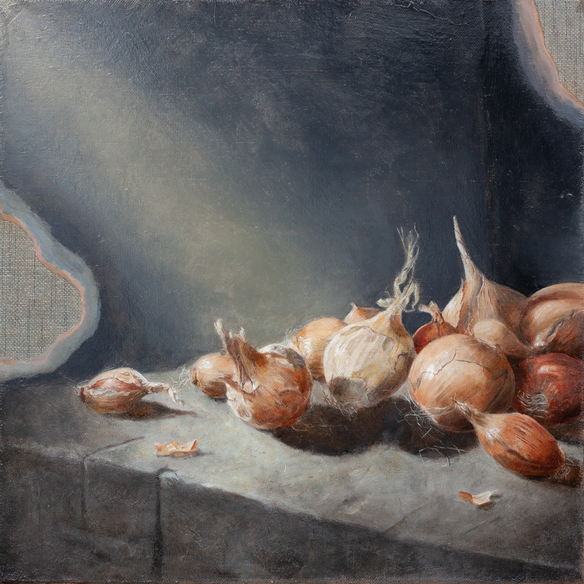 onions, oil painting, Egmont Hartwig, still life, baroque, contemporary