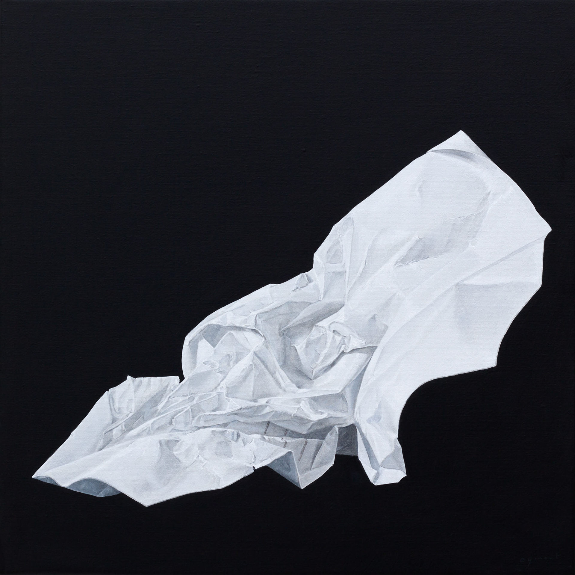 contemporary still life oil painting of crumpled up white paper on a black background