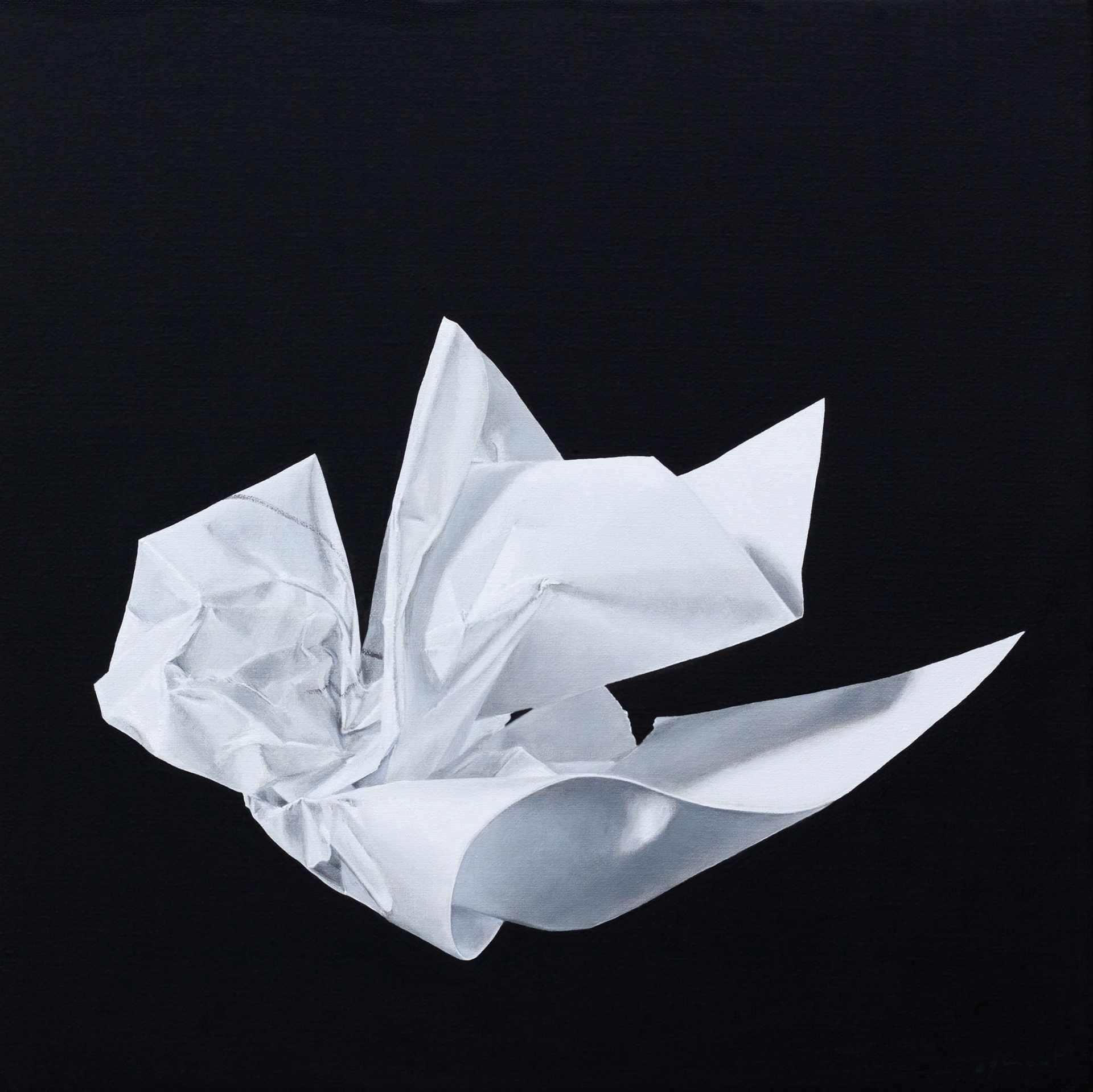 contemporary still life oil painting of crumpled up white paper on a black background