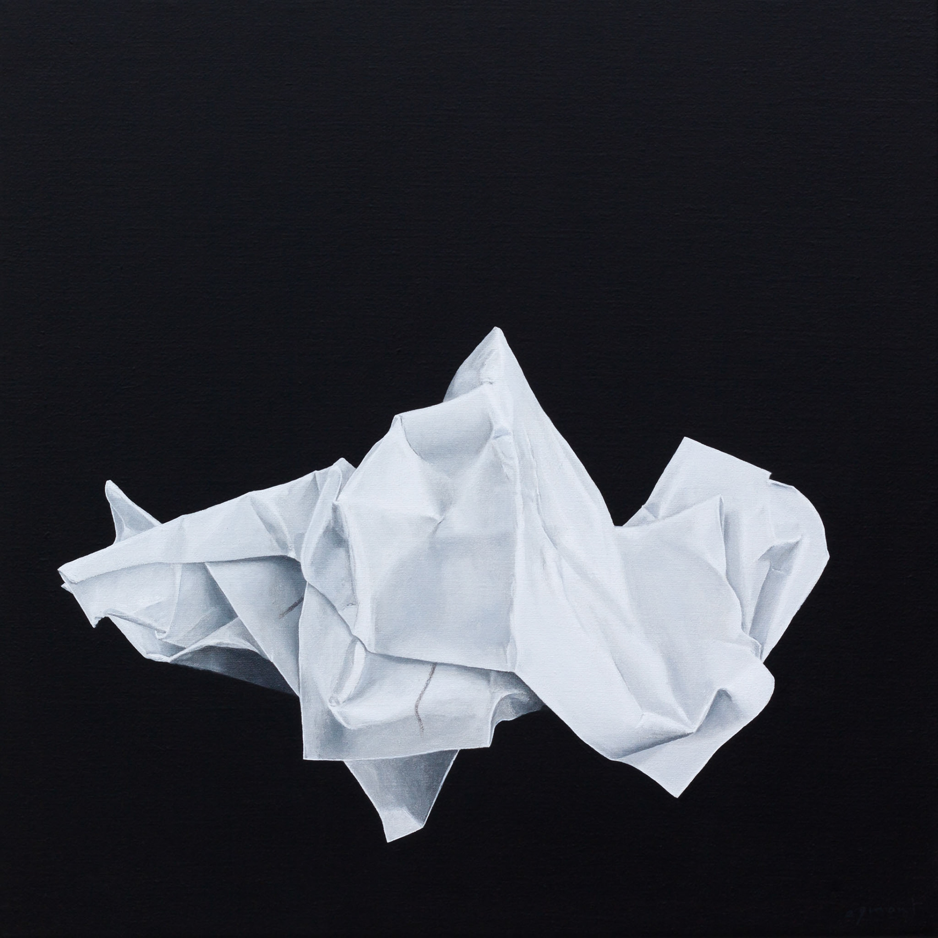 contemporary still life oil painting of crumpled up white paper on a black background