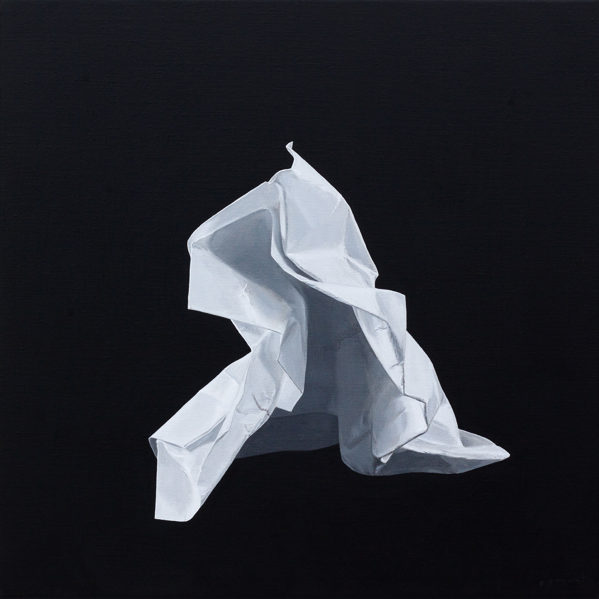 contemporary still life oil painting of crumpled up white paper on a black background