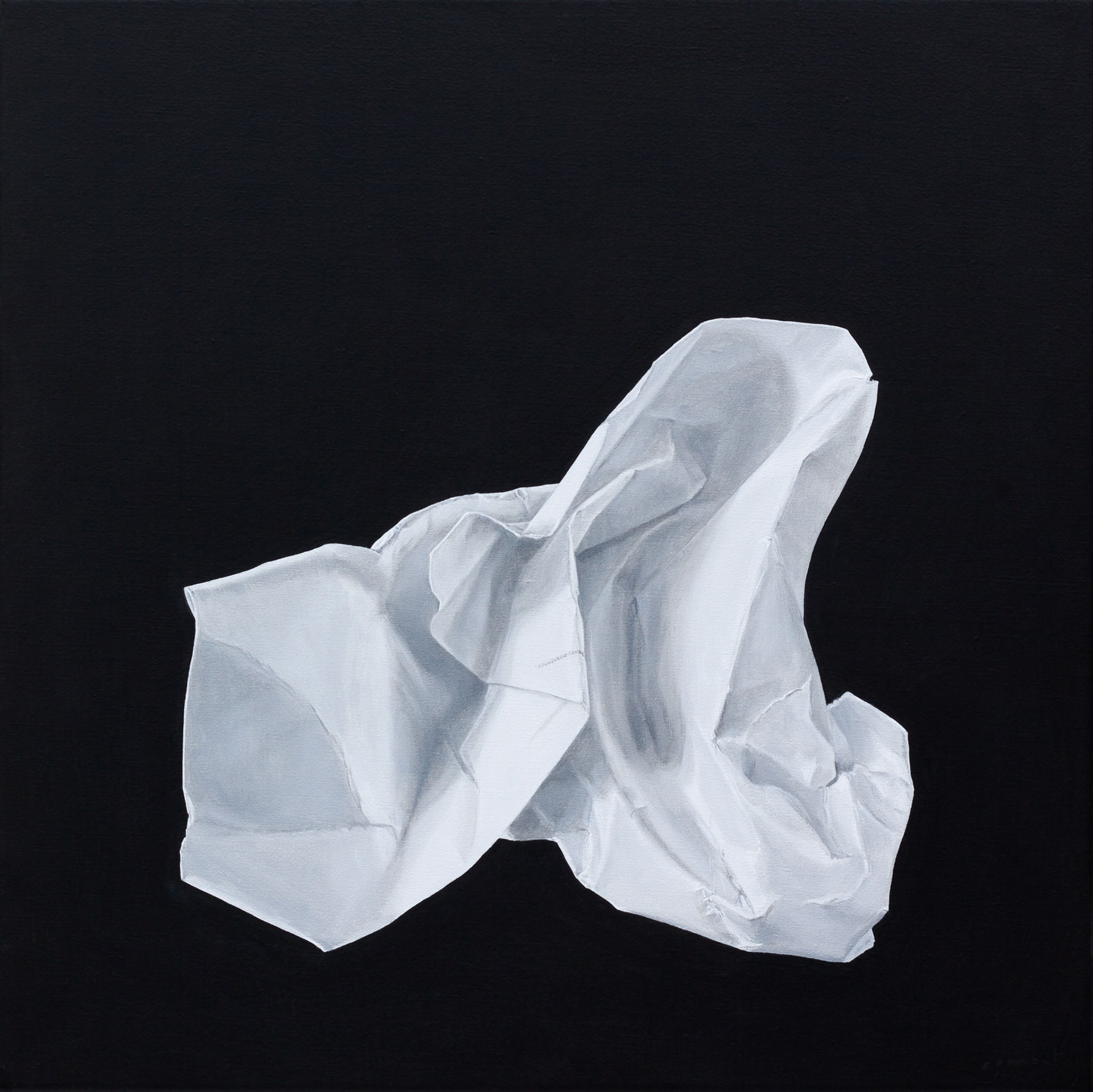 contemporary still life oil painting of crumpled up white paper on a black background