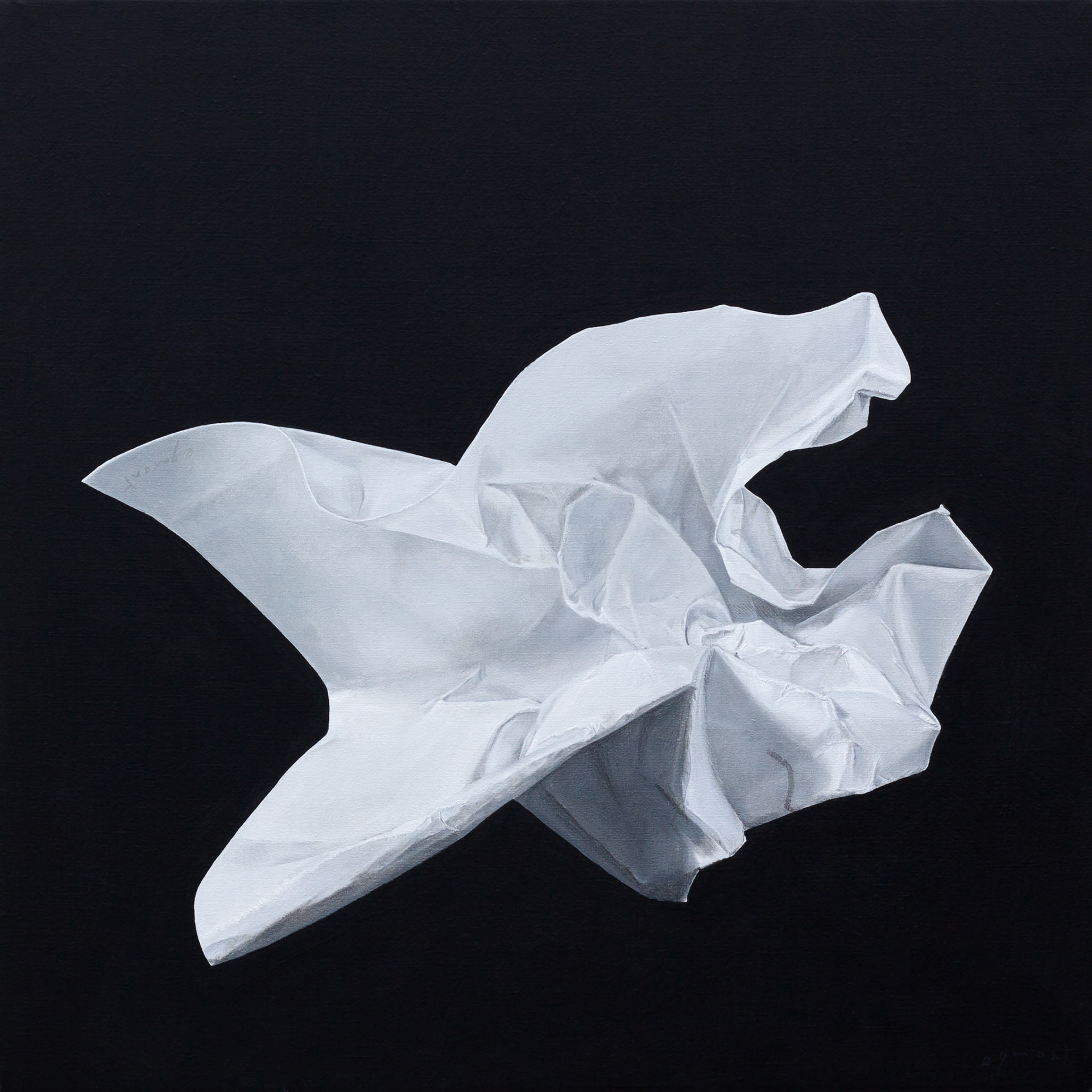 contemporary still life oil painting of crumpled up white paper on a black background