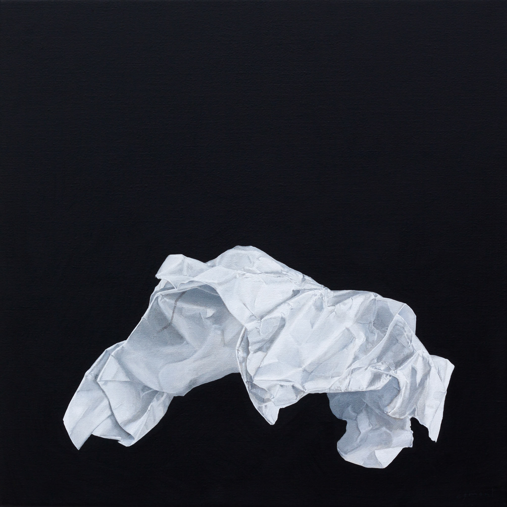 contemporary still life oil painting of crumpled up white paper on a black background