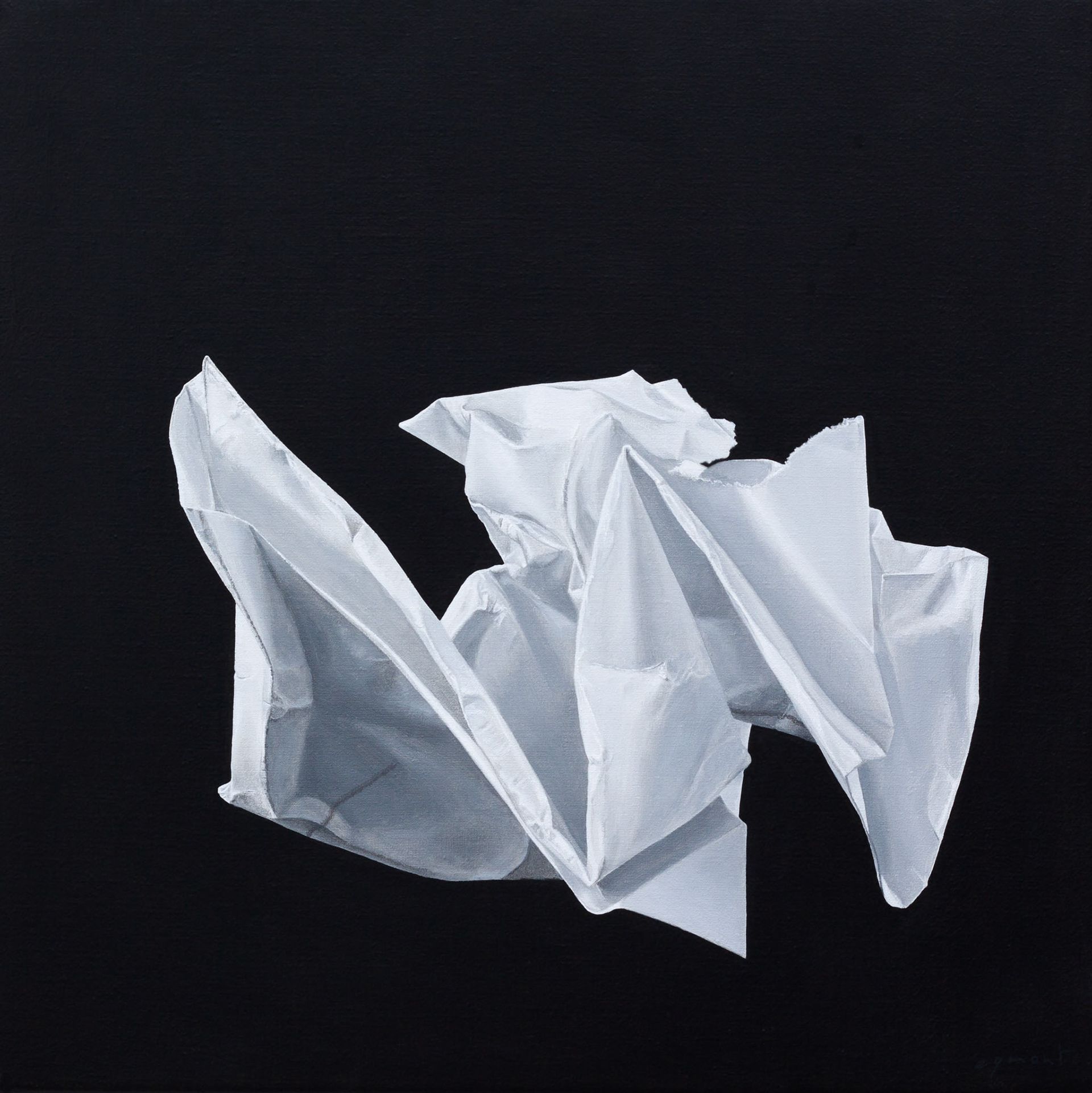 contemporary still life oil painting of crumpled up white paper on a black background