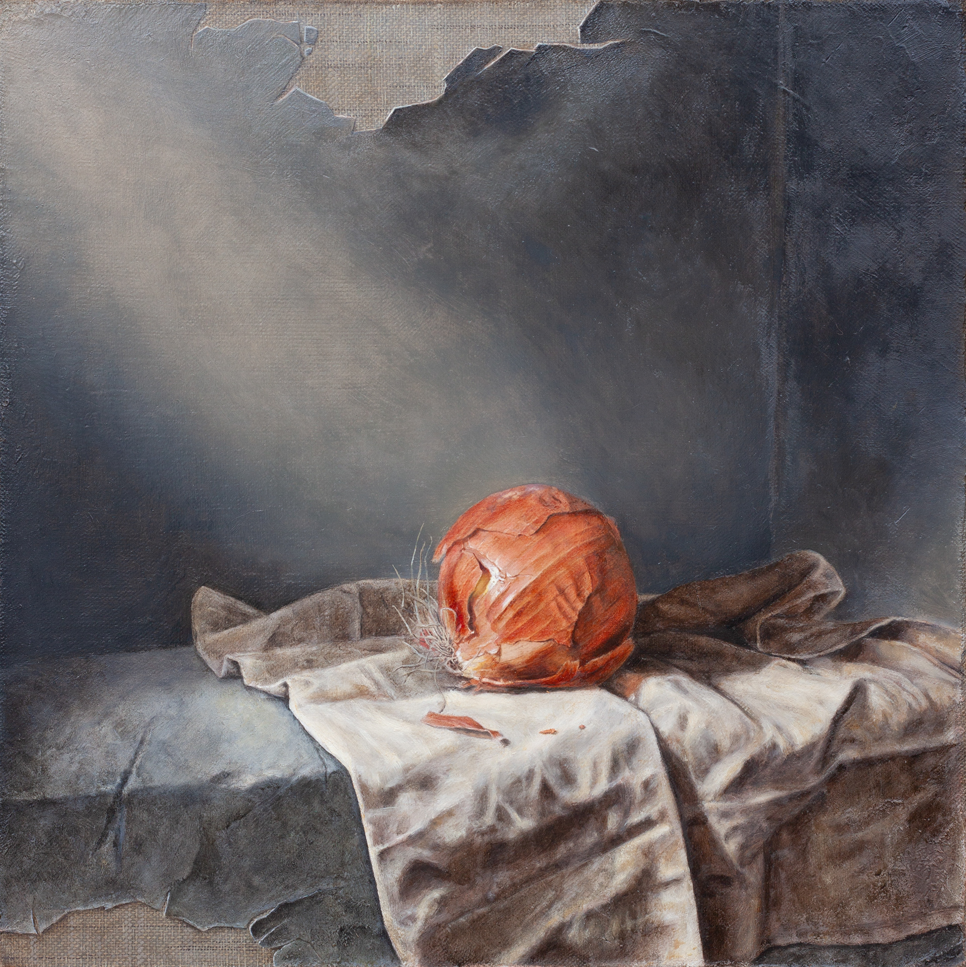 oil painting of an onion on a cloth with visible painted canvas showing through painted damaged walls in baroque lighting