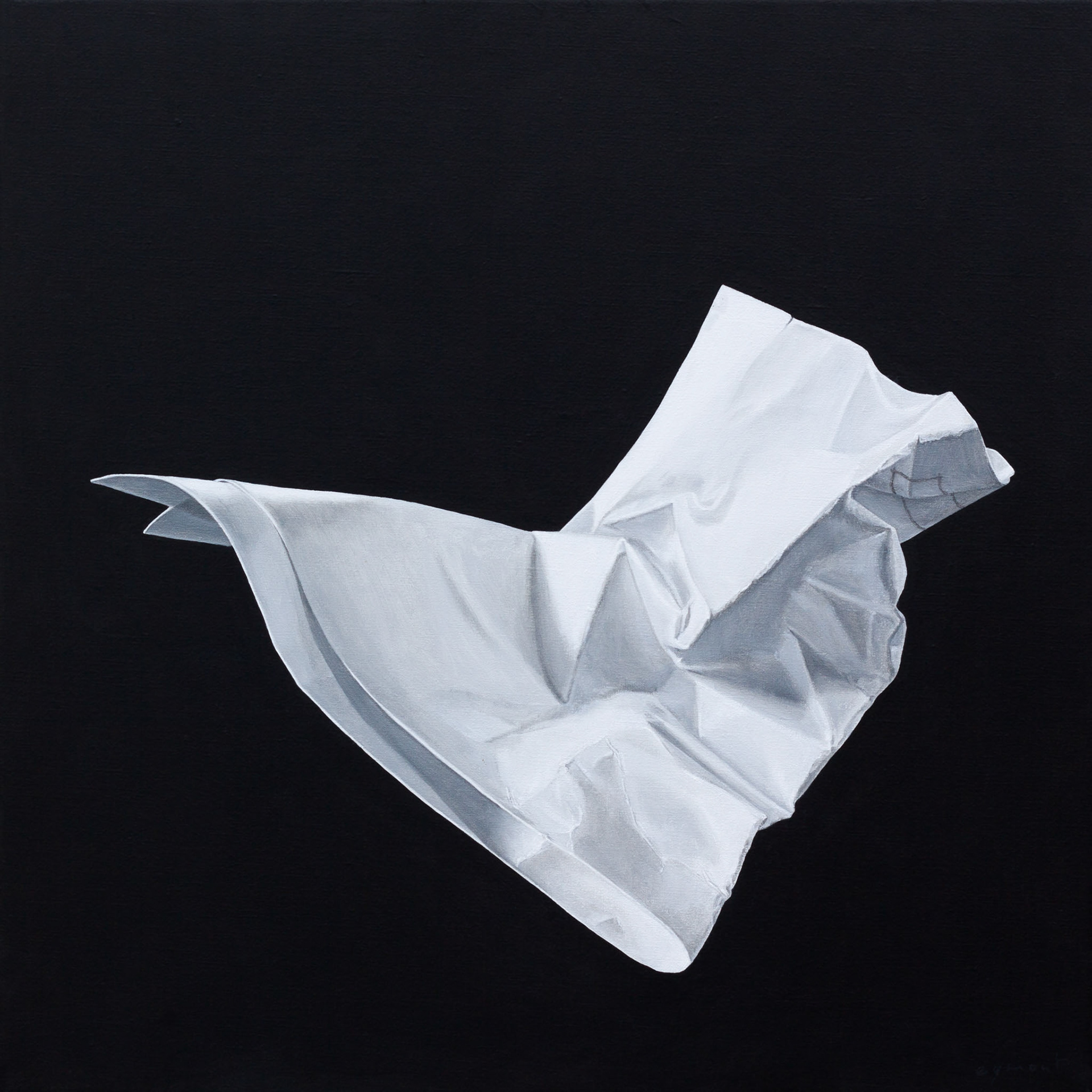 contemporary still life oil painting of crumpled up white paper on a black background