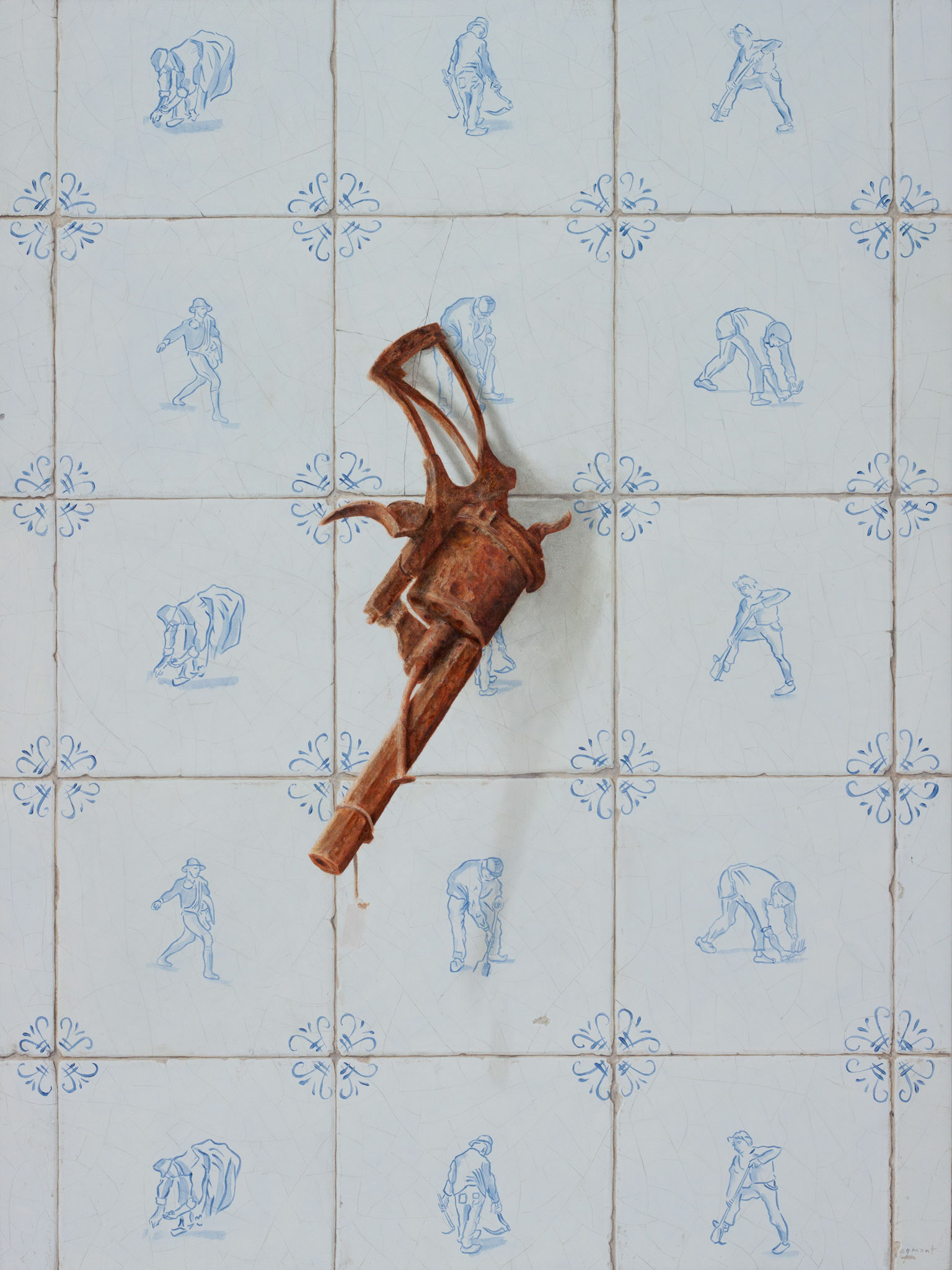 oil painting of the rusted gun belonging to Vincent Van Gogh, Delfts blue tiles in the background with drawings by Vincent Van Gogh 