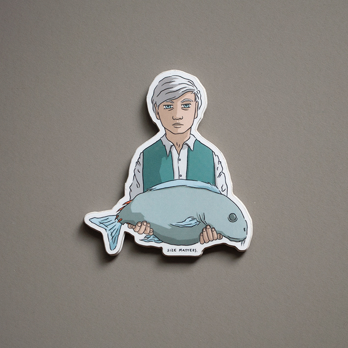 Sticker of a man with a fish, available through Wilbur & Moore Products.
