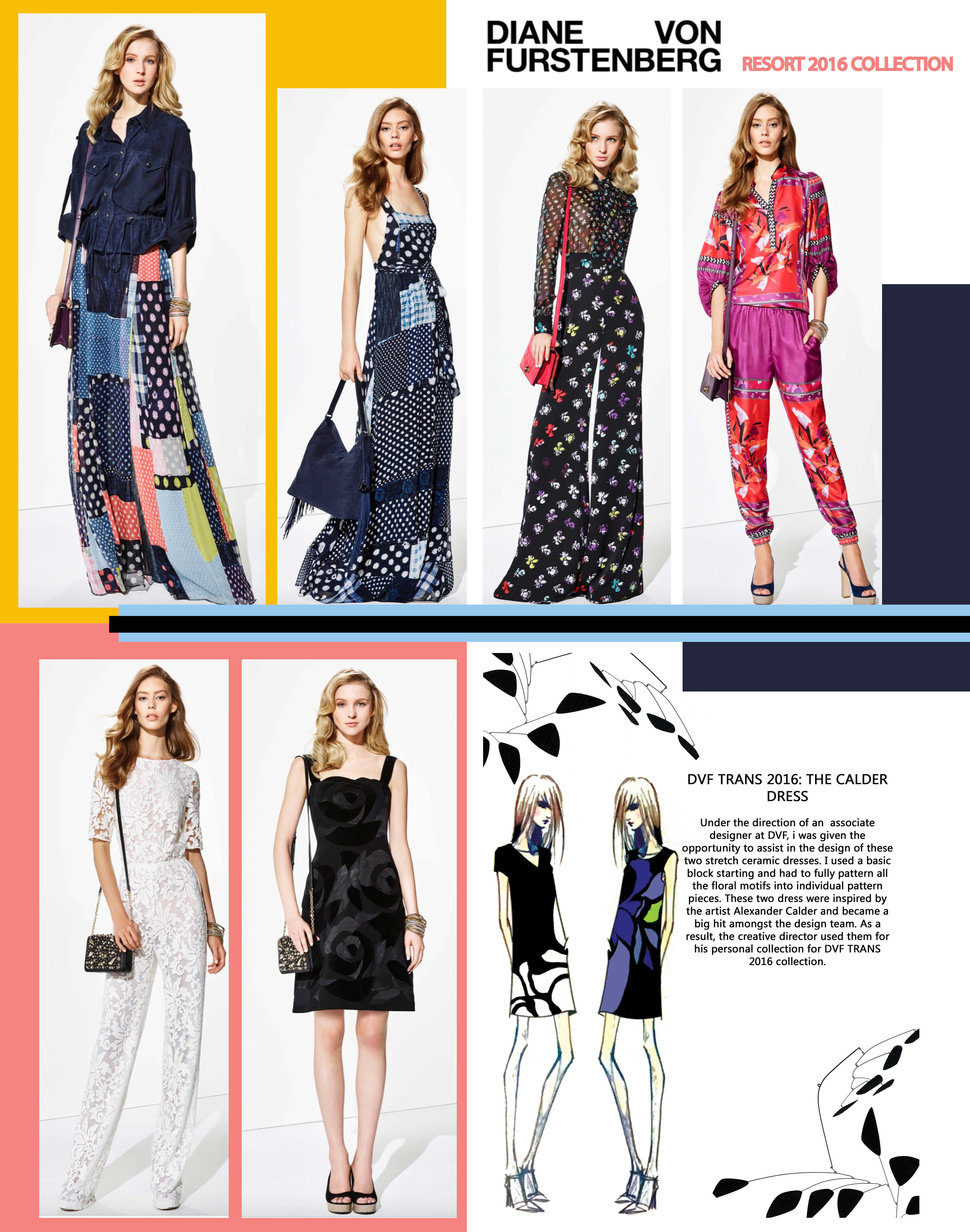 For this Trans collection I did most of the print placement in the looks pictured. The two dresses in the illustration I designed and patterned out the pieces for the collection. They were not shot for the collection in the end but the creative director Michael Hertz kept them as apart of his personal archive for DVF.
