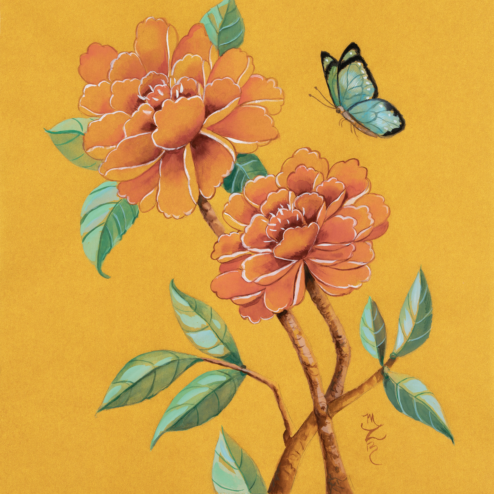 Original gold 100% silk backed paper chinoiserie. Roses and blue butterflies painted. Art by Marsha Bowers
