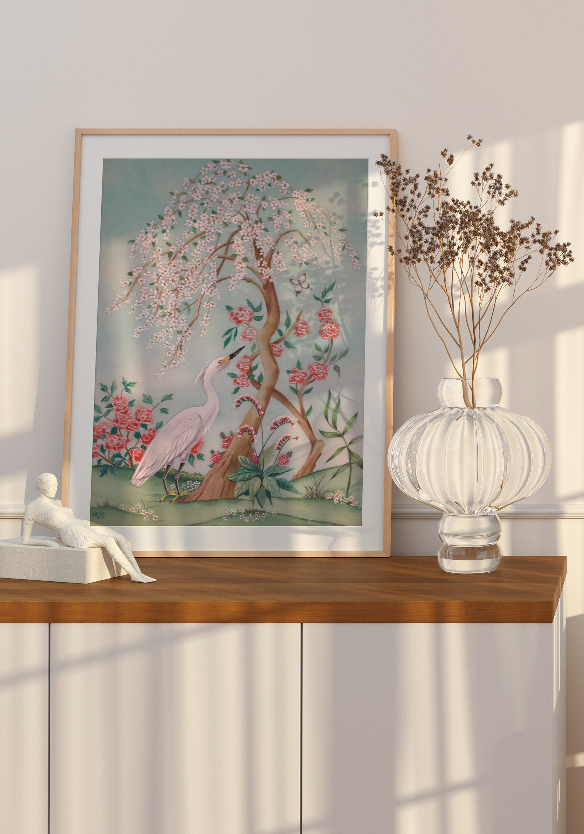 Egret Chinoiserie painted on 100% silk fabric by artist Marsha Bowers
