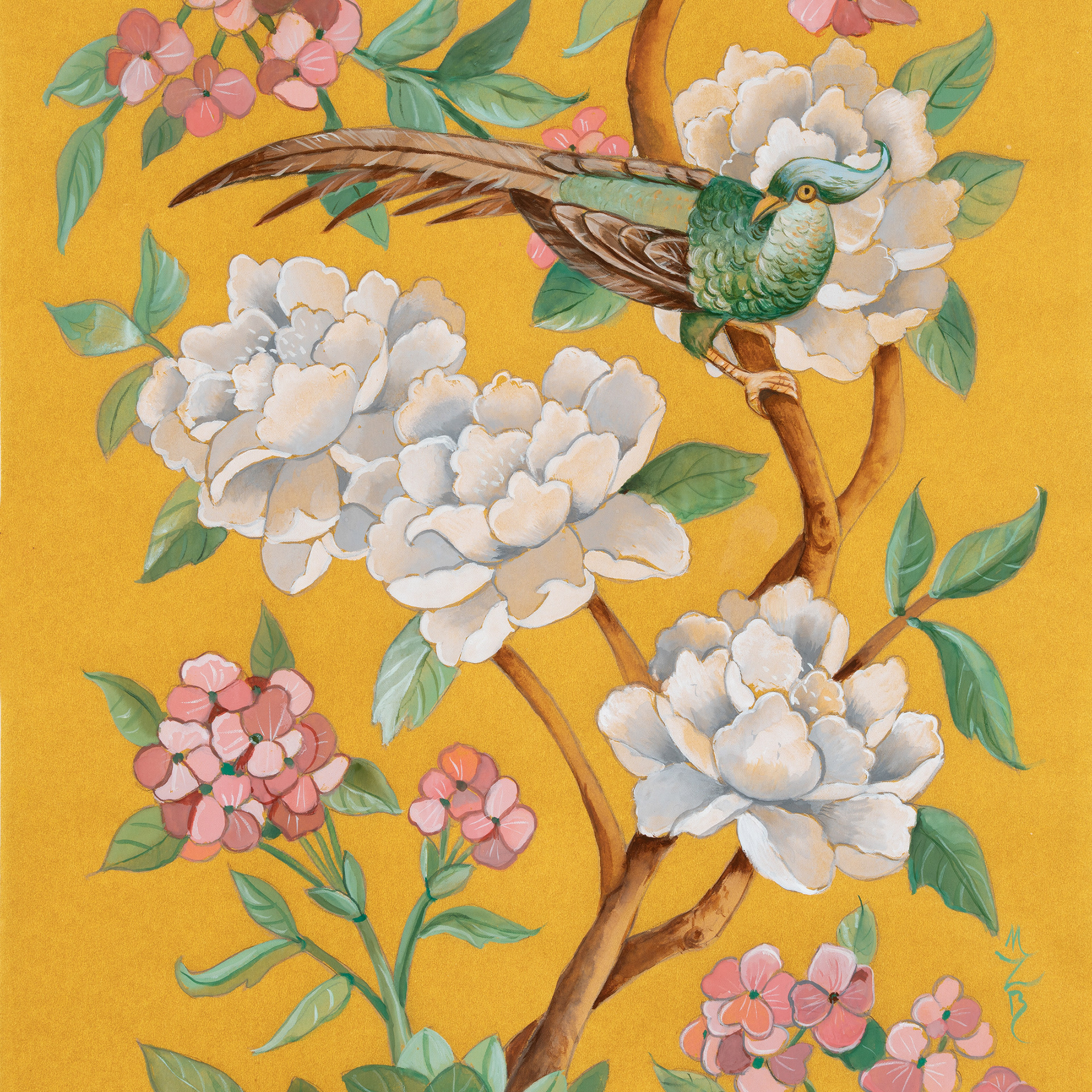 Chinoiserie painted with gouache on 100% silk backed paper by artist Marsha Bowers
