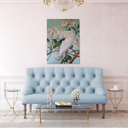 Oil painting, Parrot With Magnolias by artist Marsha Bowers. Painted with oils.