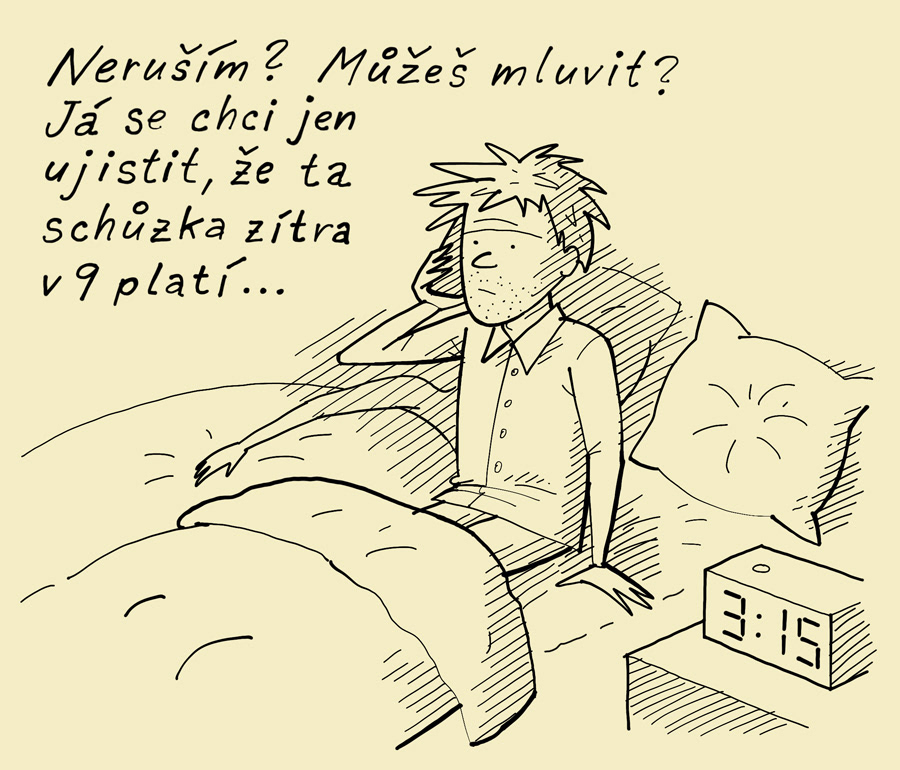 muž telefonije v posteli, karikatura
