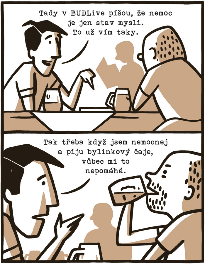 komiks, dva muži si povídají v restauraci u piva