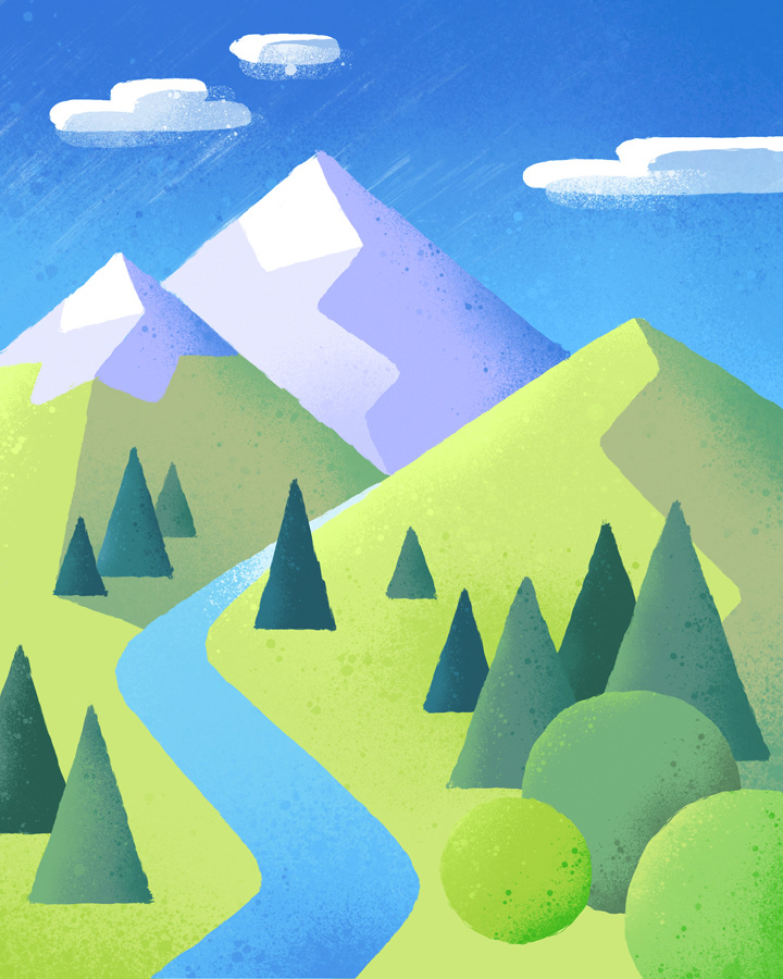 hory, stylizovaná krajina, ilustracem digitální malba