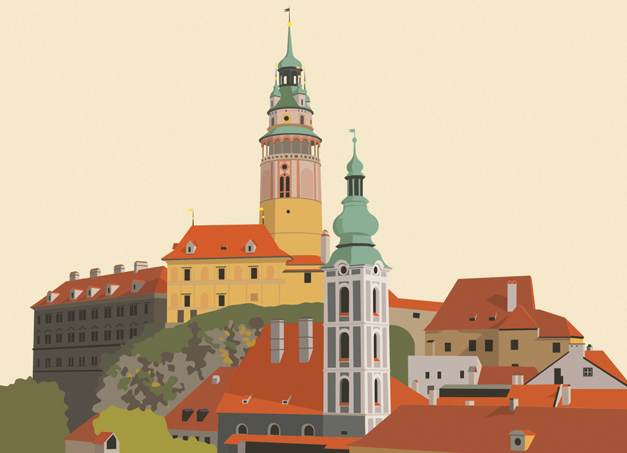 panorama Českého Krumlova, vektorová ilustrace