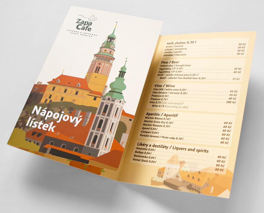 nápojový lístek kavárny v Českém Krumlově