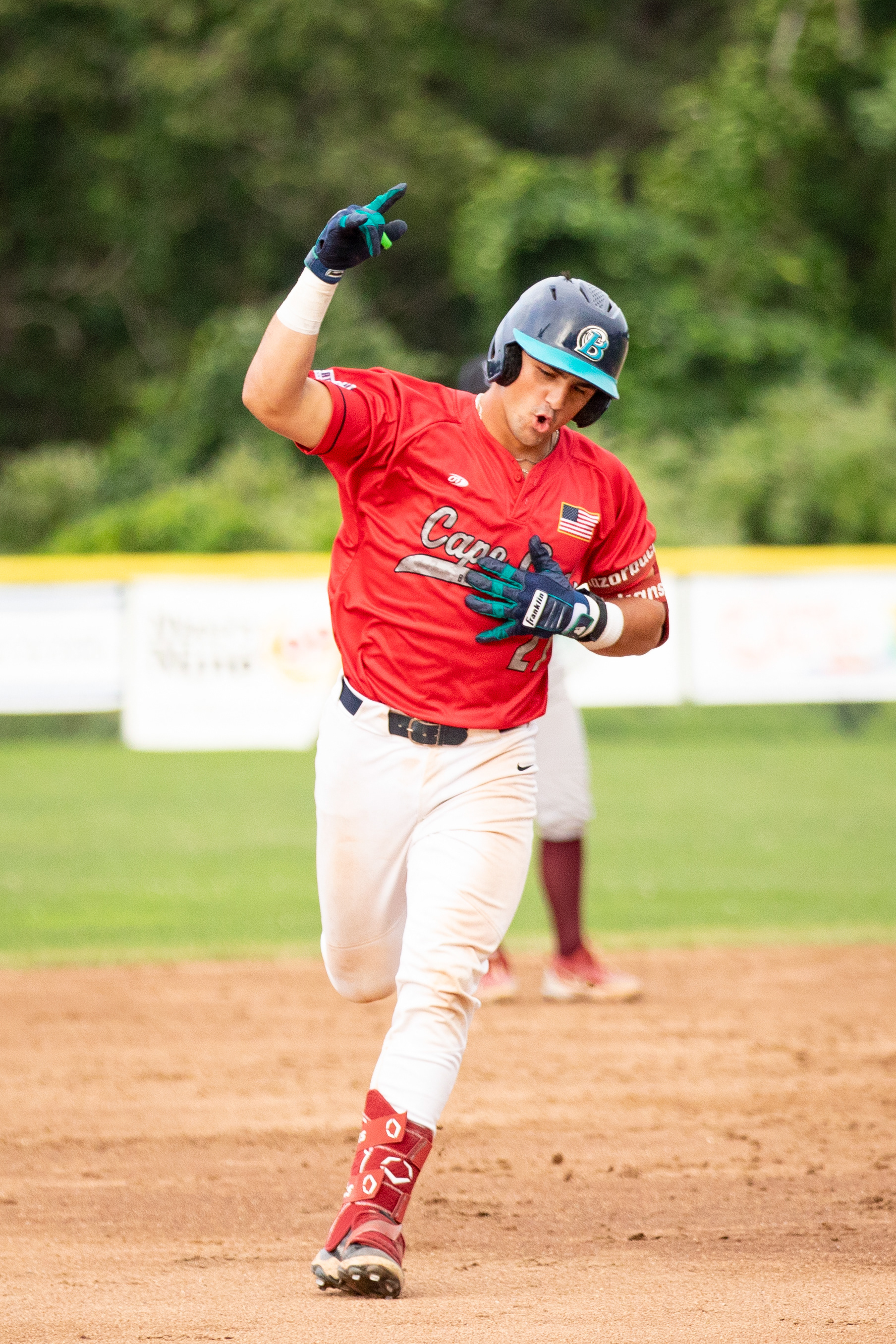 Brewster Whitecaps C Ryder Helfrick (27) celebrates his homerun during the game against the Falmouth Commodores at Stony Brook Field in Brewster, Massachusetts on July 5, 2024.