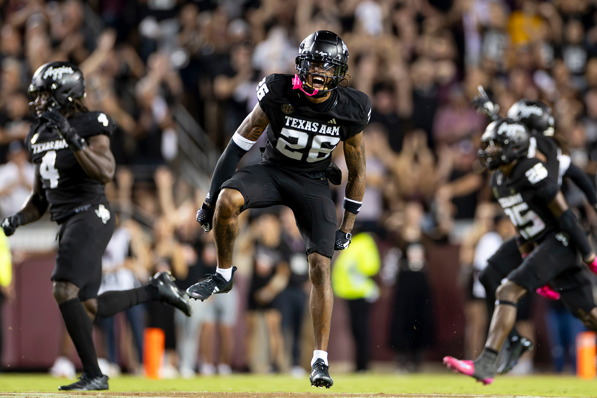 Texas A&M DB Will Lee III (26) celebrates after a 3rd down stop during the game against the LSU Tigers at Kyle Field in College Station, Texas on October 26, 2024.