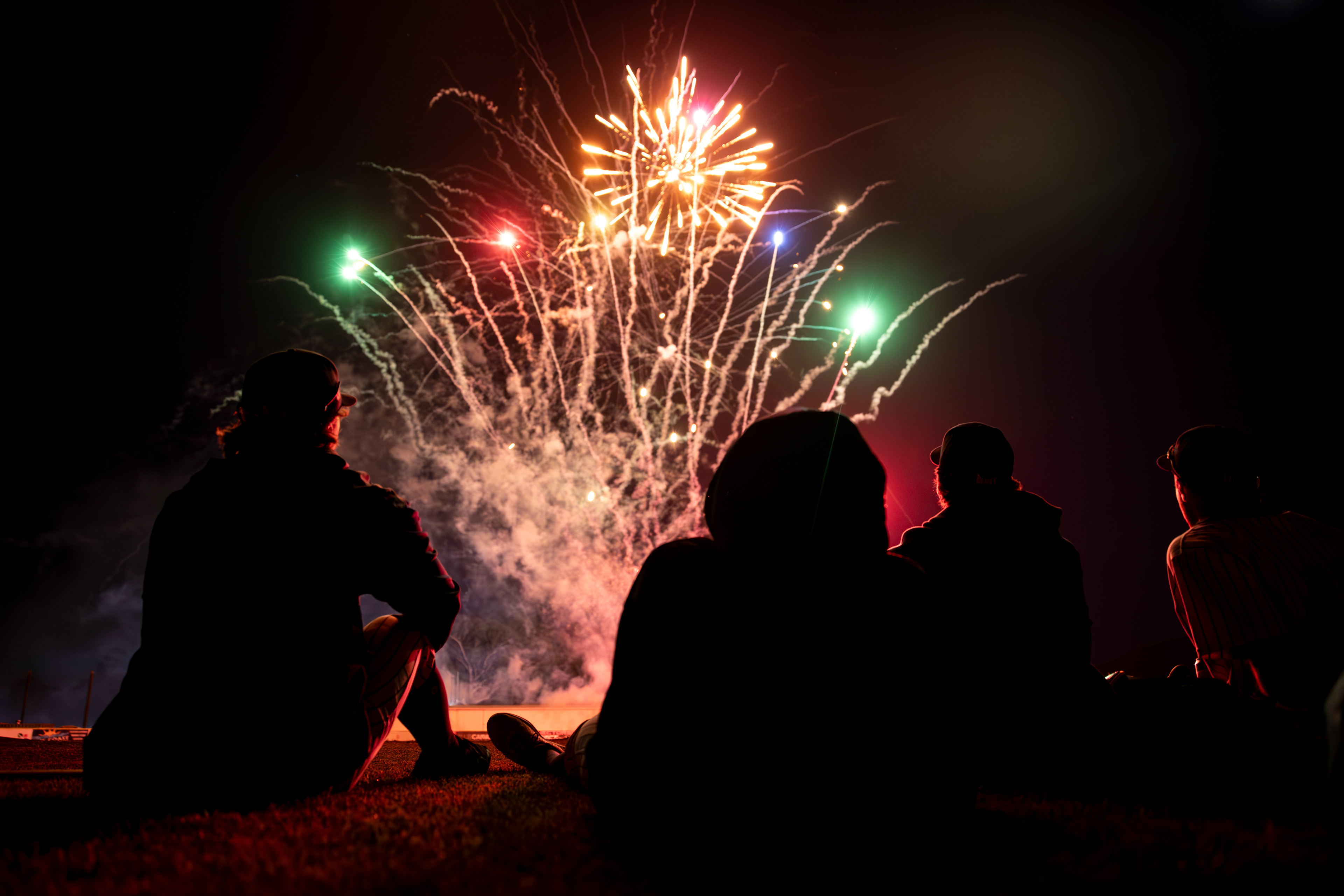 SLO Blues players watch fireworks following their game against the Arroyo Seco Saints at Sinsheimer Stadium in San Luis Obispo, California, on July 3, 2025.