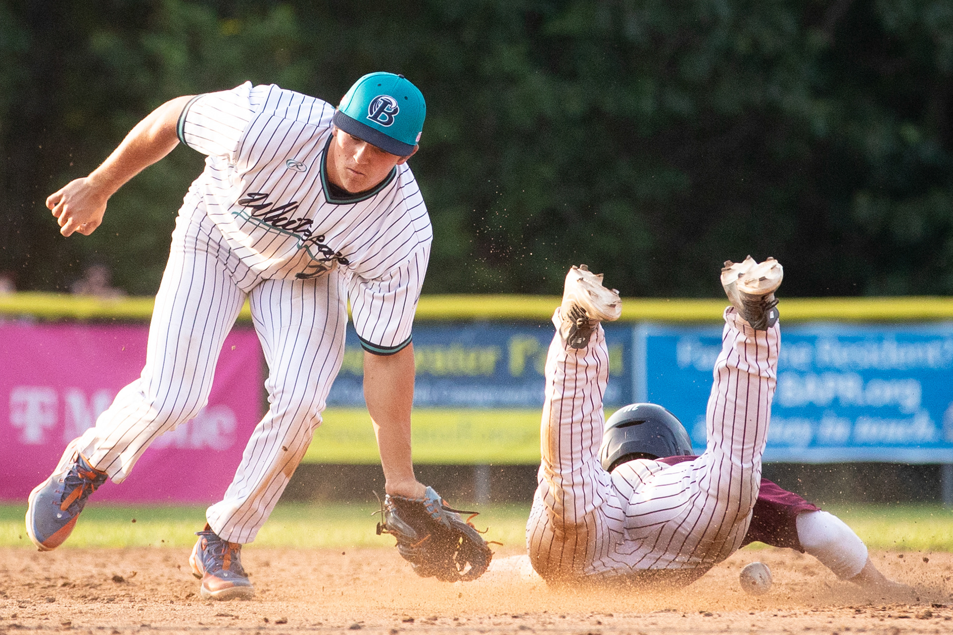 Brewster Whitecaps SS Colby Shelton (24) misses a ball during the game against the Cotuit Keteleers at Stony Brook Field in Brewster, Massachusetts on July 29, 2024.