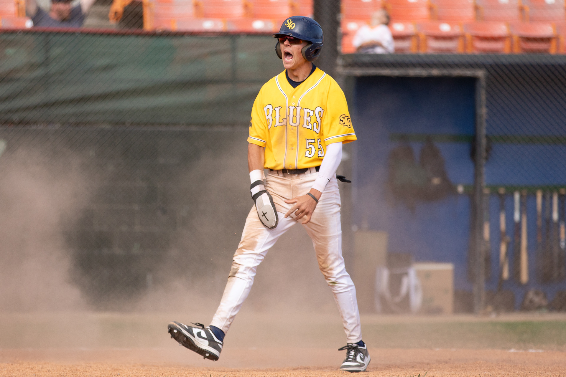 SLO Blues SS Sam Ardoin (55) reacts after scoring a run during the game against the Menlo Park Legends at Sinsheimer Stadium in San Luis Obispo, California, on June 8, 2025.