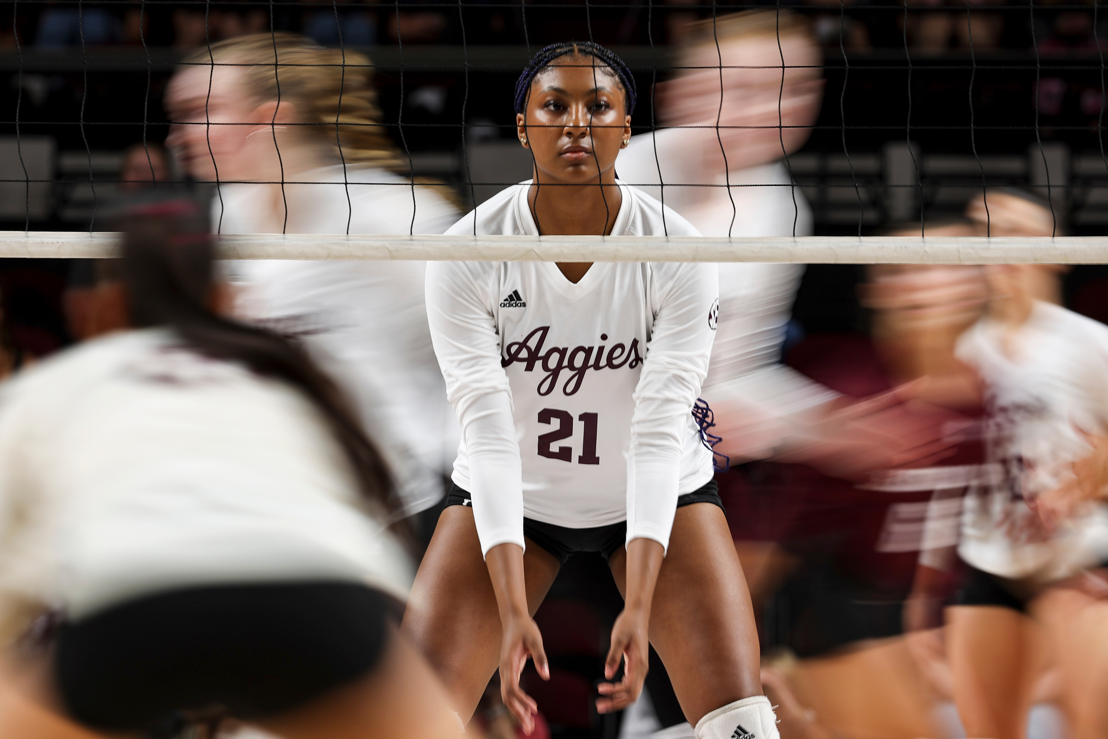 Texas A&M MB Morgan Perkins (21) waits for a serve during the game against the Texas State Bobcats at Reed Arena in College Station, Texas on September 6, 2024.