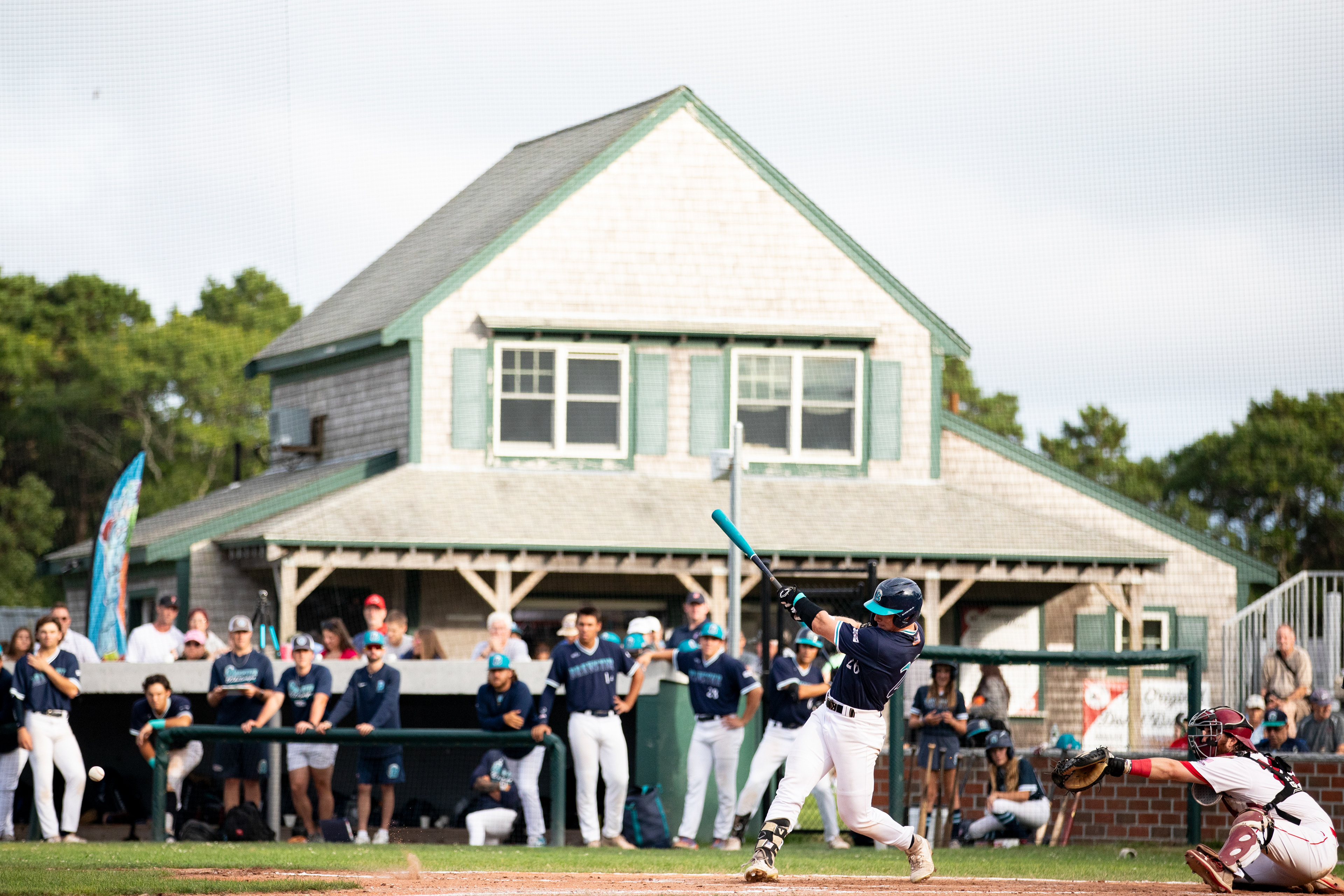 Brewster Whitecaps OF JD Rogers (26) swings at a pitch during the game against the Y-D Red Sox at Red-Wilson Field in Yartmouth-Dennis, Massachusetts on July 23, 2024.