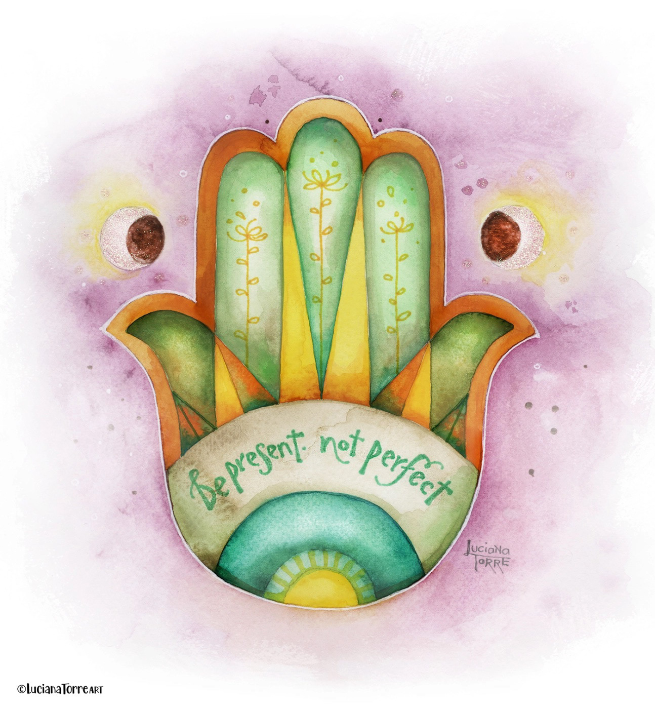 Watercolor illustration of a hand with botanical elements and a quote that reads 'Be present: not perfect', set against a soft purple background.