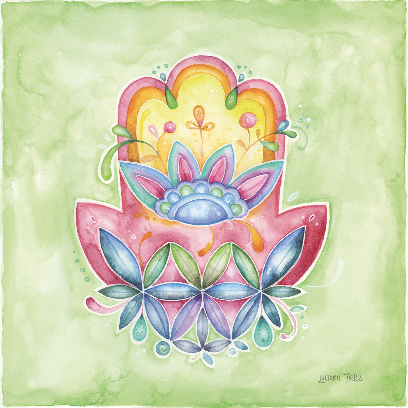 mandala design in gypsy style with flower of life hand painted in watercolours in pastel rainbow colours. modern boho design of sacred geometry art by lettering artist Luciana Torre, ideal for home decor and wall art.