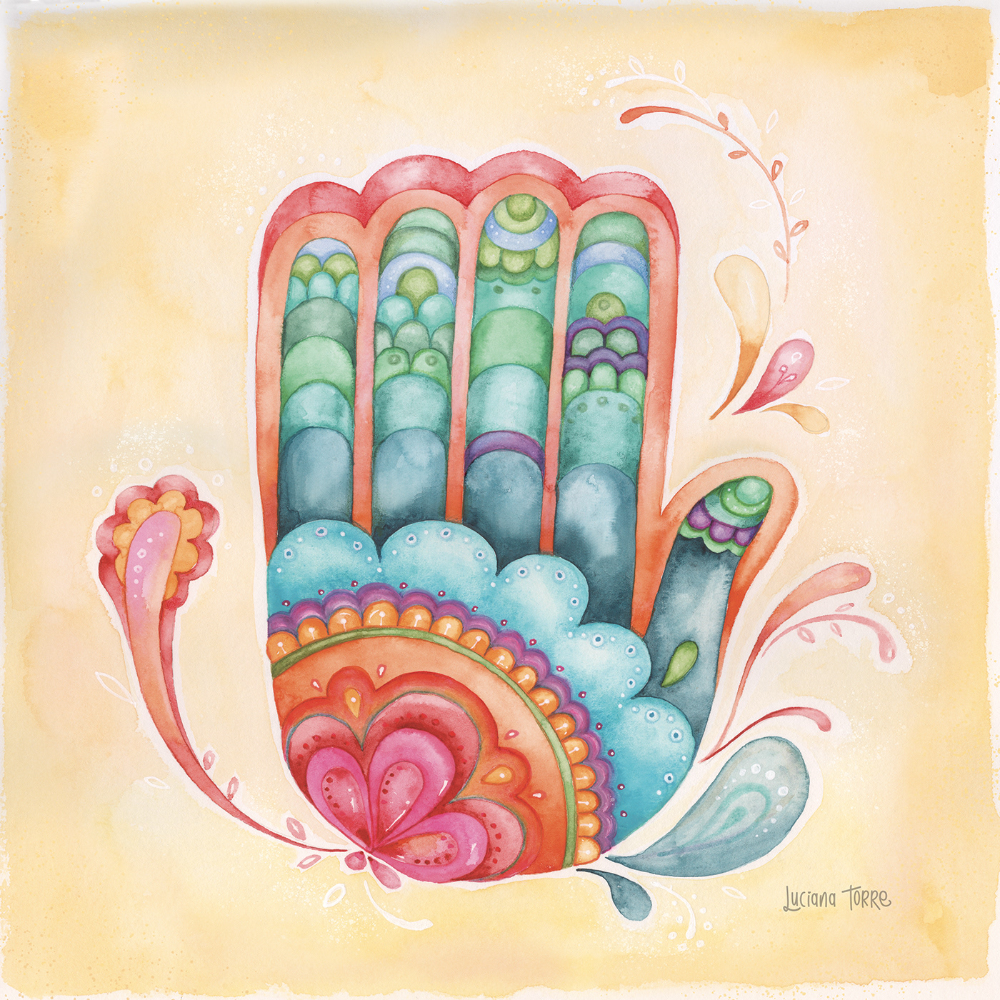 hamsa hand Illustration hand painted in watercolours in earthy red brown green yellow and fuchsia pink. modern boho mandala illustration with fairy butterfly by lettering artist Luciana Torre Art