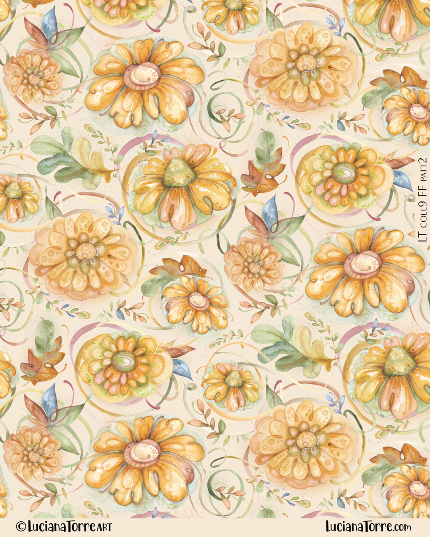 modern autumn floral pastel design in earthy green and ocher brown with golden yellow chrysanthemum and pink rose daisies with fall leaves. Elegant bouquet of autumn flowers pattern repeat hand painted in watercolours by floral artist Luciana Torre