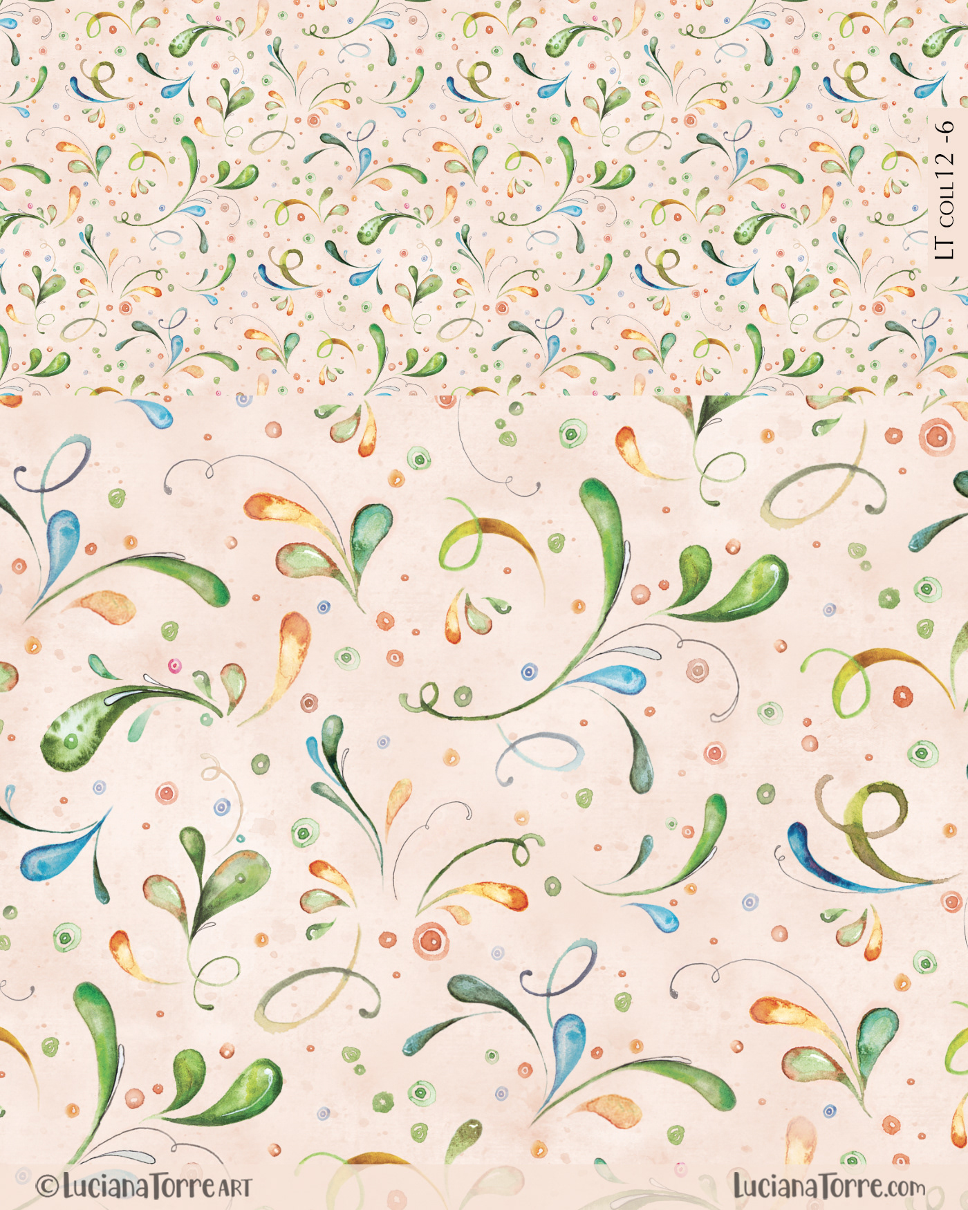 A seamless botanical pattern featuring organic foliage in soft pastel hues of salmon pink, green, and turquoise. Hand-painted in watercolors by floral artist Luciana Torre, this bohemian-inspired design is perfect for baby fabric designs