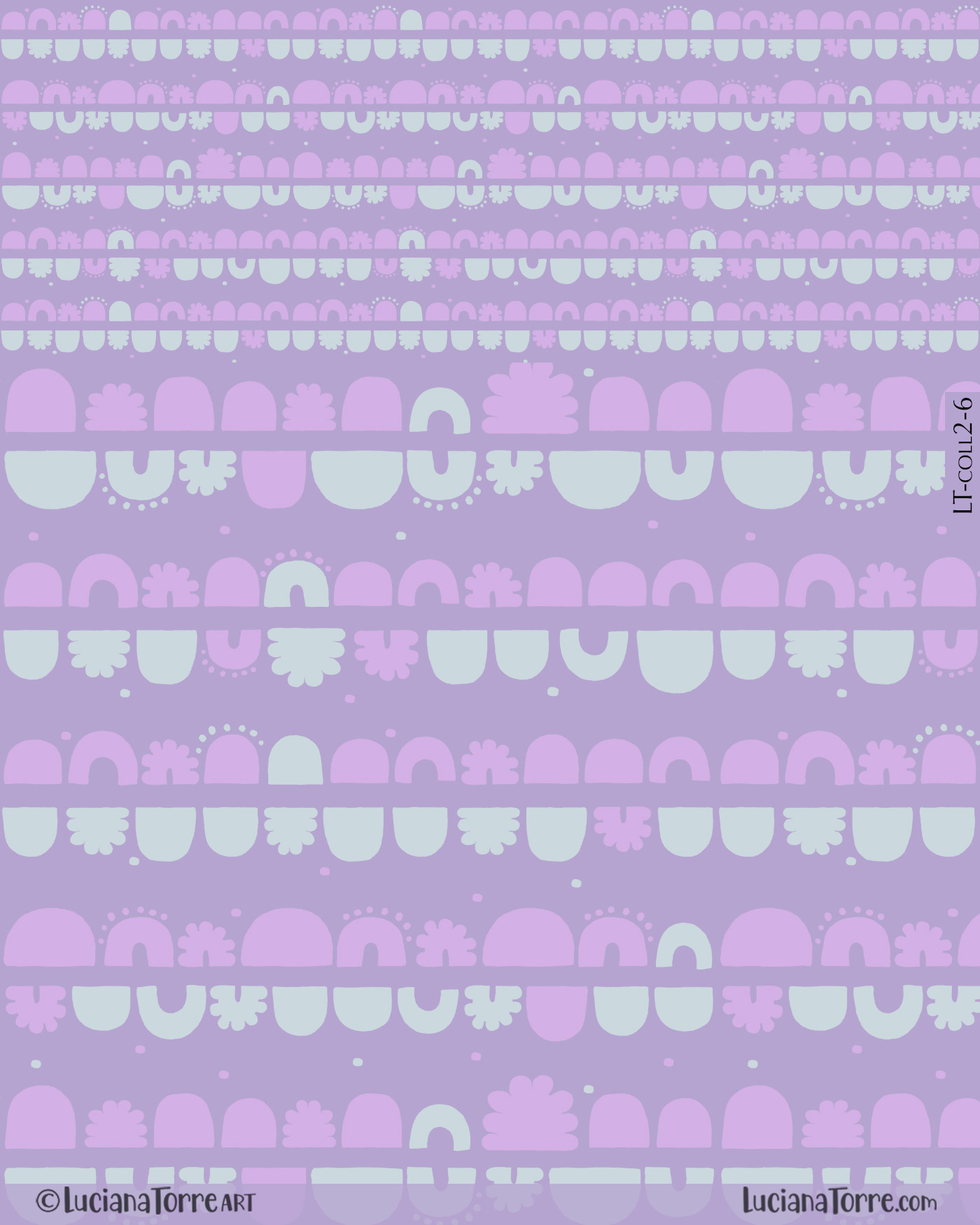 A playful geometric pattern featuring pastel rainbows in lavender and light blue shapes, combined with whimsical floral motifs, evoking a cheerful spring ambiance.