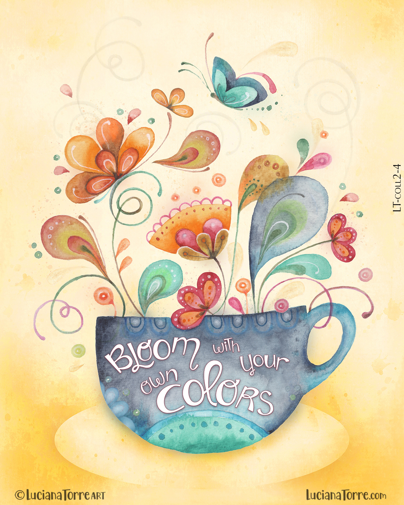 A whimsical illustration of a blue teacup filled with colorful flowers and a butterfly, accompanied by the text 'Bloom with your own colors' on a soft yellow background.