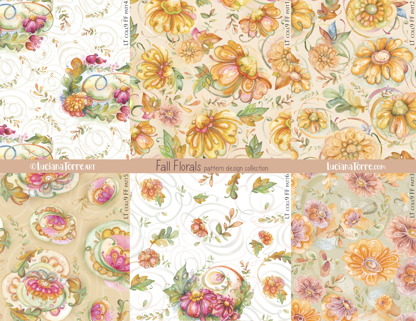 A collection of six seamless pattern designs featuring hand-painted watercolor fall florals, showcasing autumn colors and whimsical motifs including daisies, chrysanthemums, and foliage.