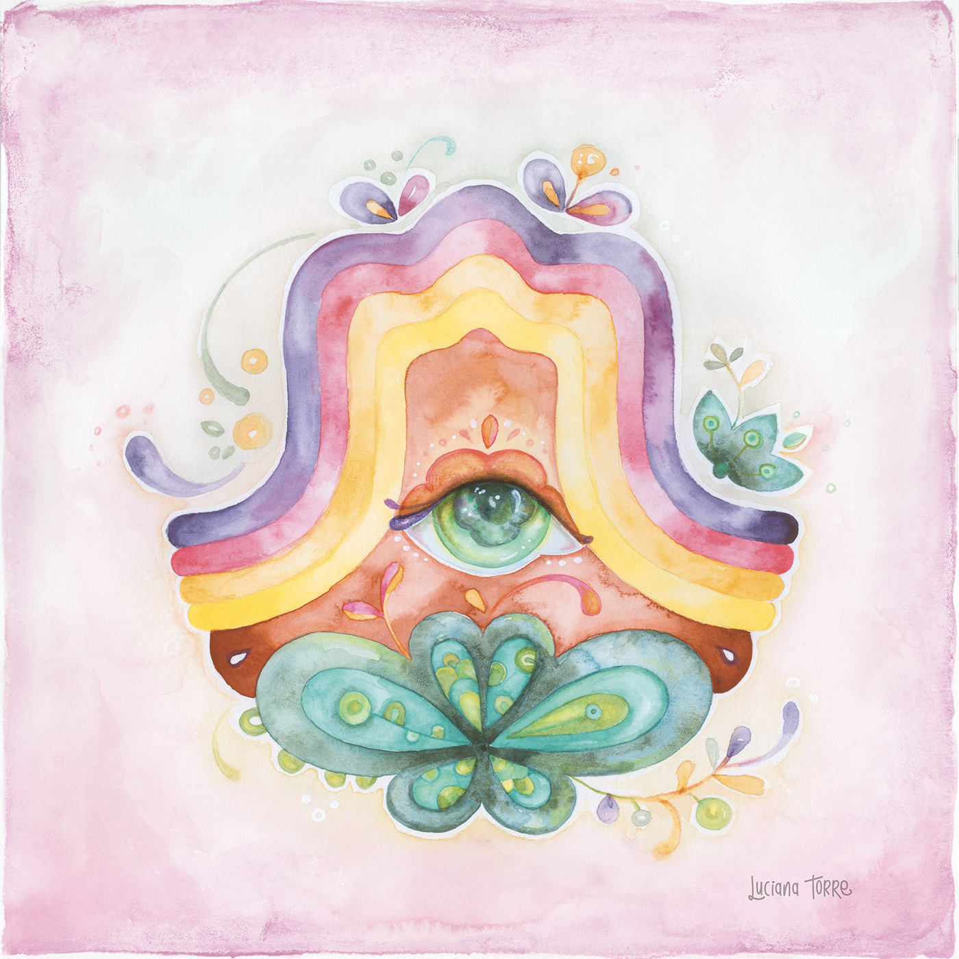 evil eye and hamsa hand Illustration hand painted in watercolours in pastel rainbow colours. mandala design in gypsy style with flower of life. modern boho design of sacred geometry art by lettering artist Luciana Torre Art ideal for home decor and wall art.