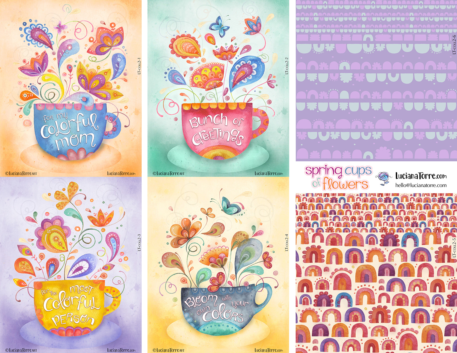 A collection of colorful greeting cards featuring whimsical hand-painted teacups overflowing with floral designs and butterflies, complemented by playful geometric patterns. Each card contains cheerful messages celebrating spring.