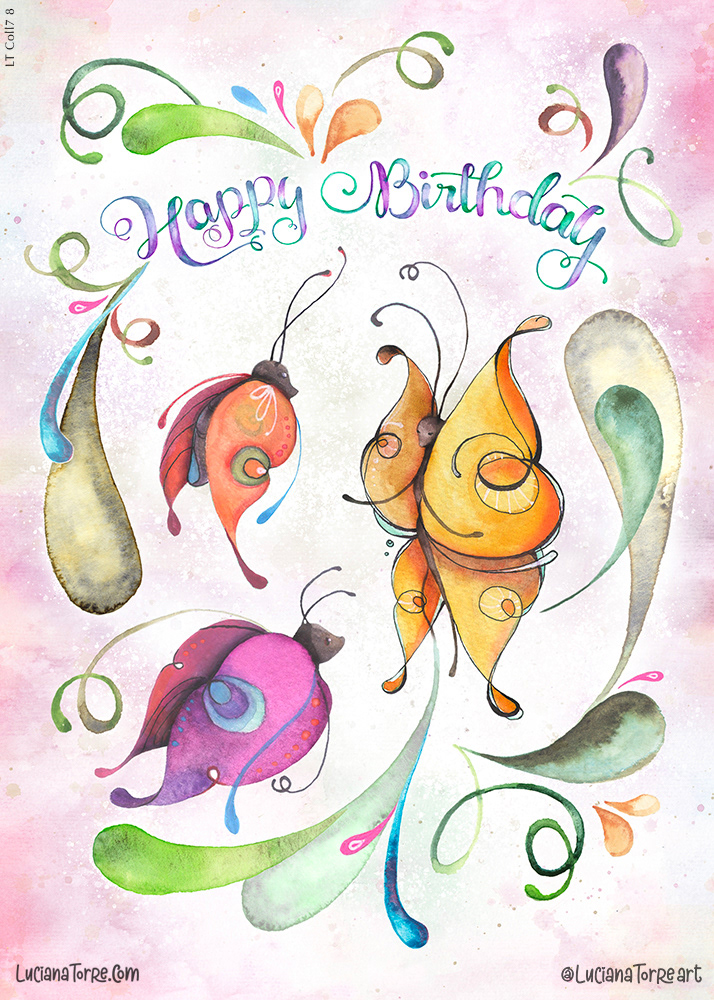 A whimsical watercolor illustration featuring colorful butterflies and delicate foliage, with the phrase 'Happy Birthday' elegantly written above.