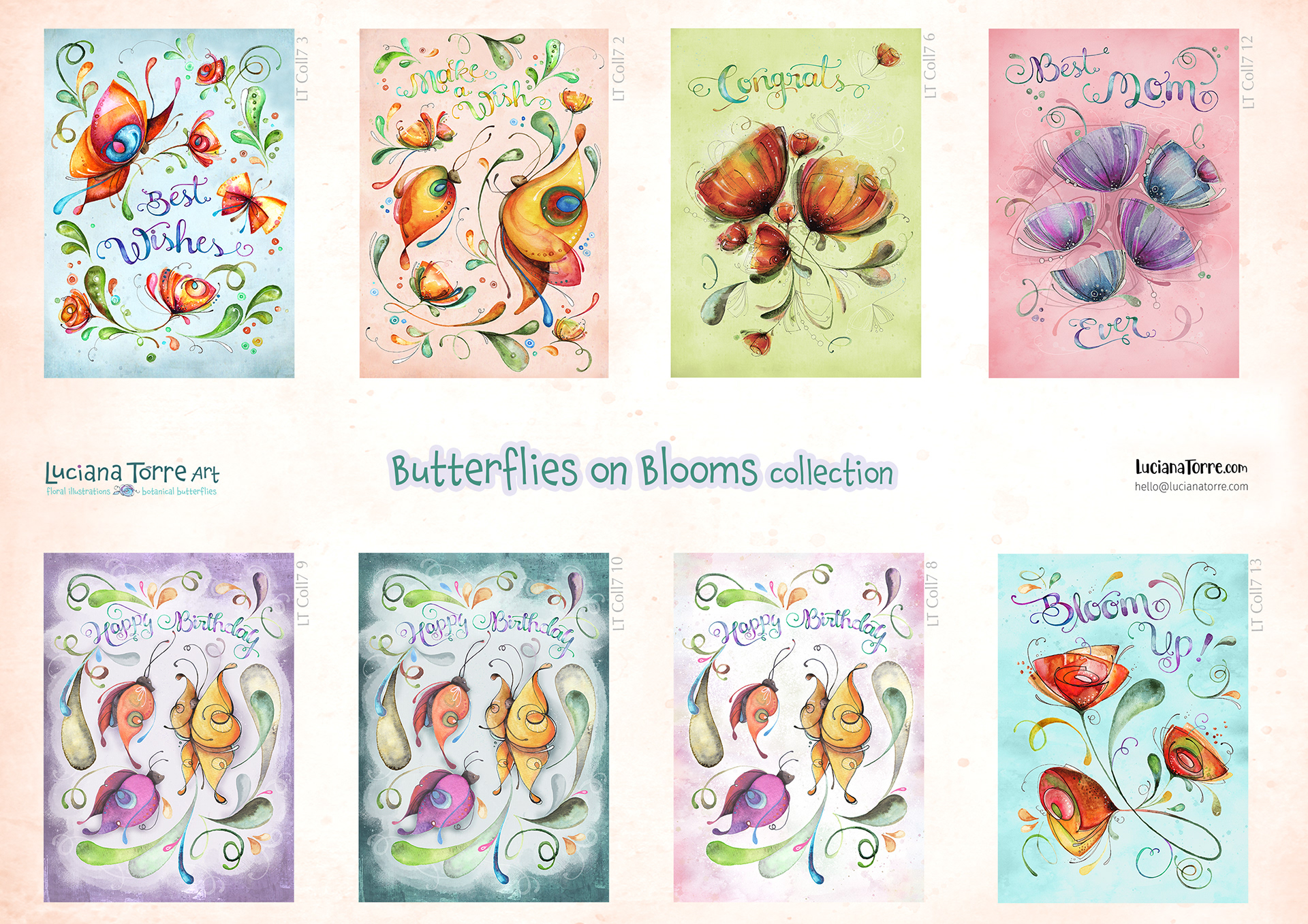 A colorful collection of whimsical greeting cards featuring hand-painted floral illustrations with butterflies. Each card includes cheerful, hand-lettered quotes celebrating various occasions.